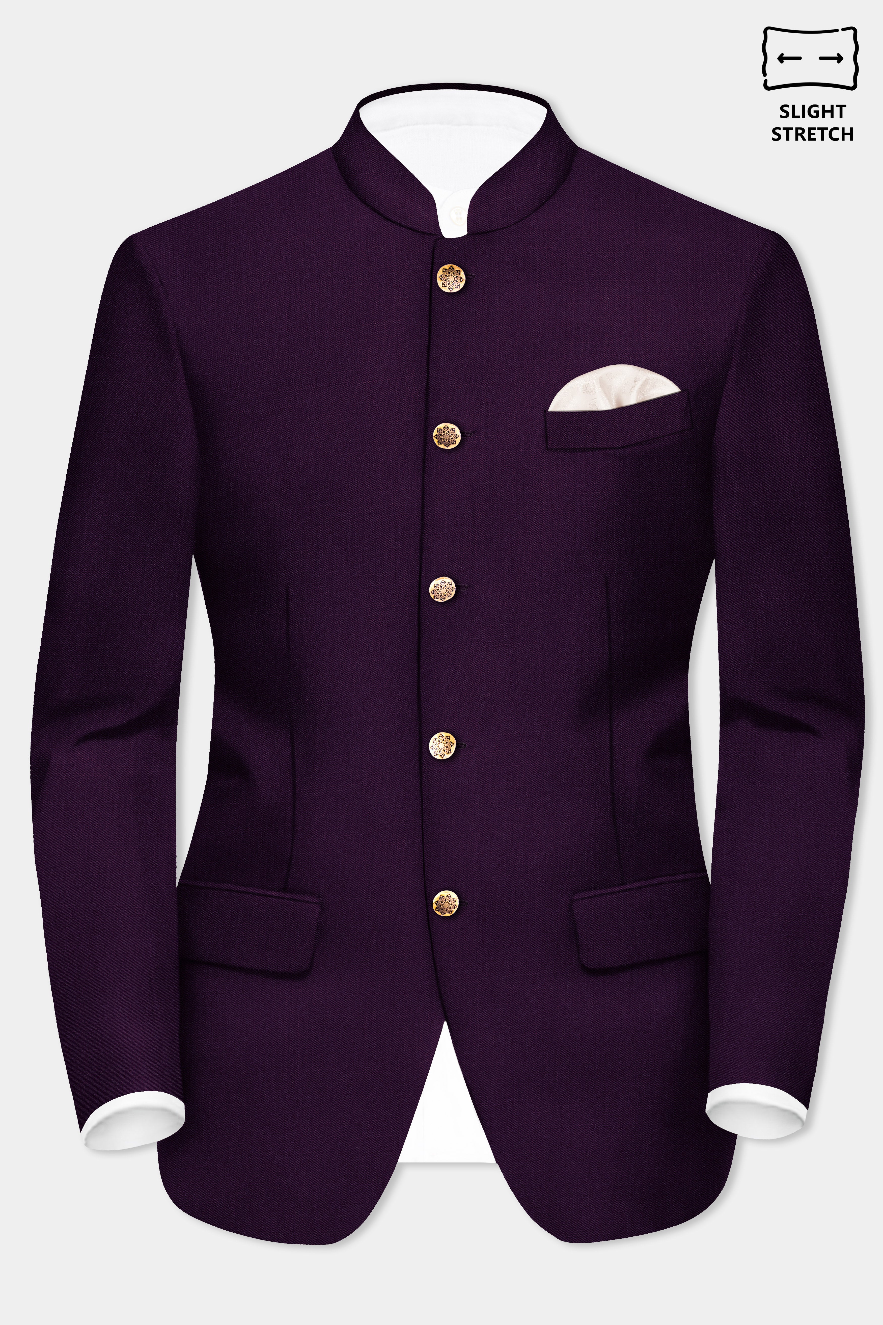 Regal Plum-Eggplant Purple Solid Wool Rich Bandhgala Slight Stretch Blazer