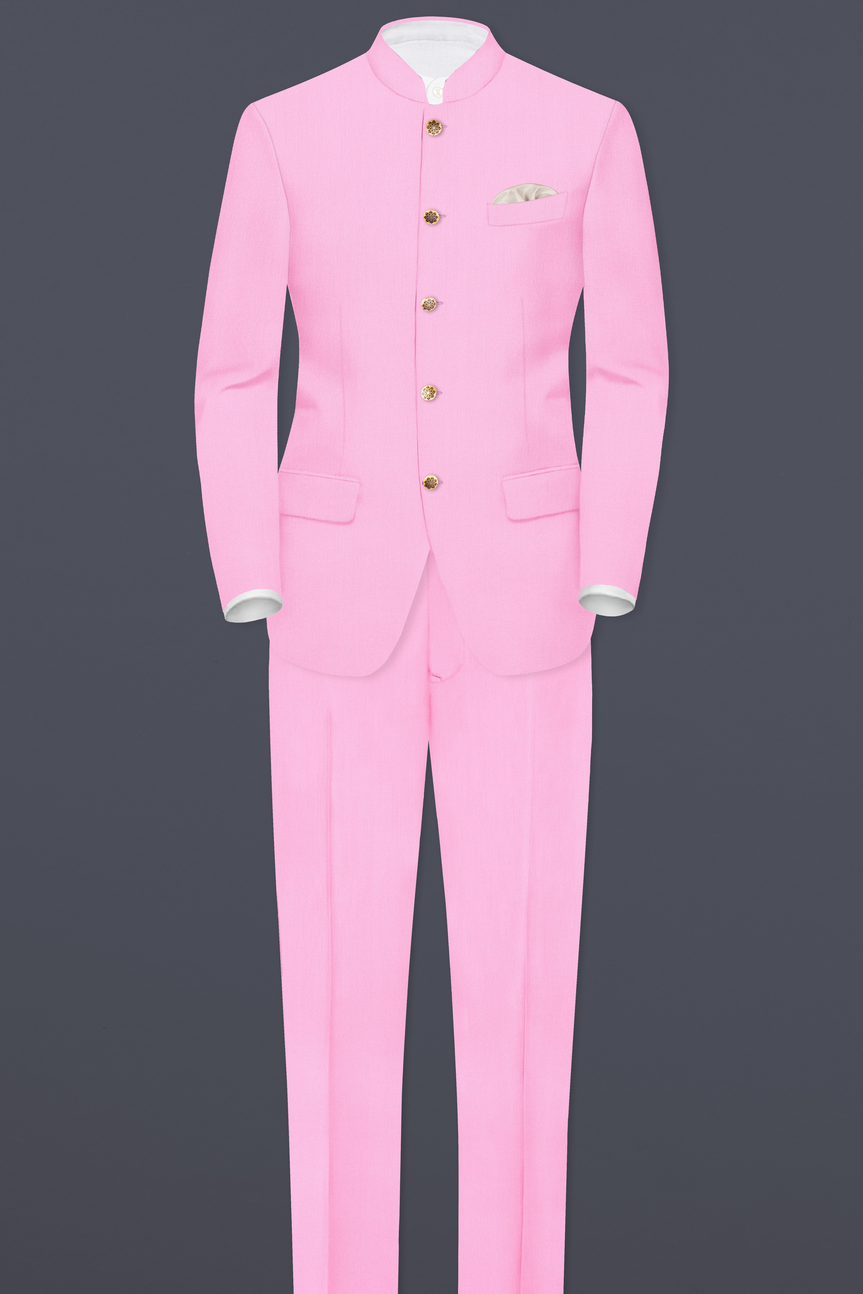 Rosé Reverie-Pestel Pink Solid Wool Rich Bandhgala Slight Stretch Blazer