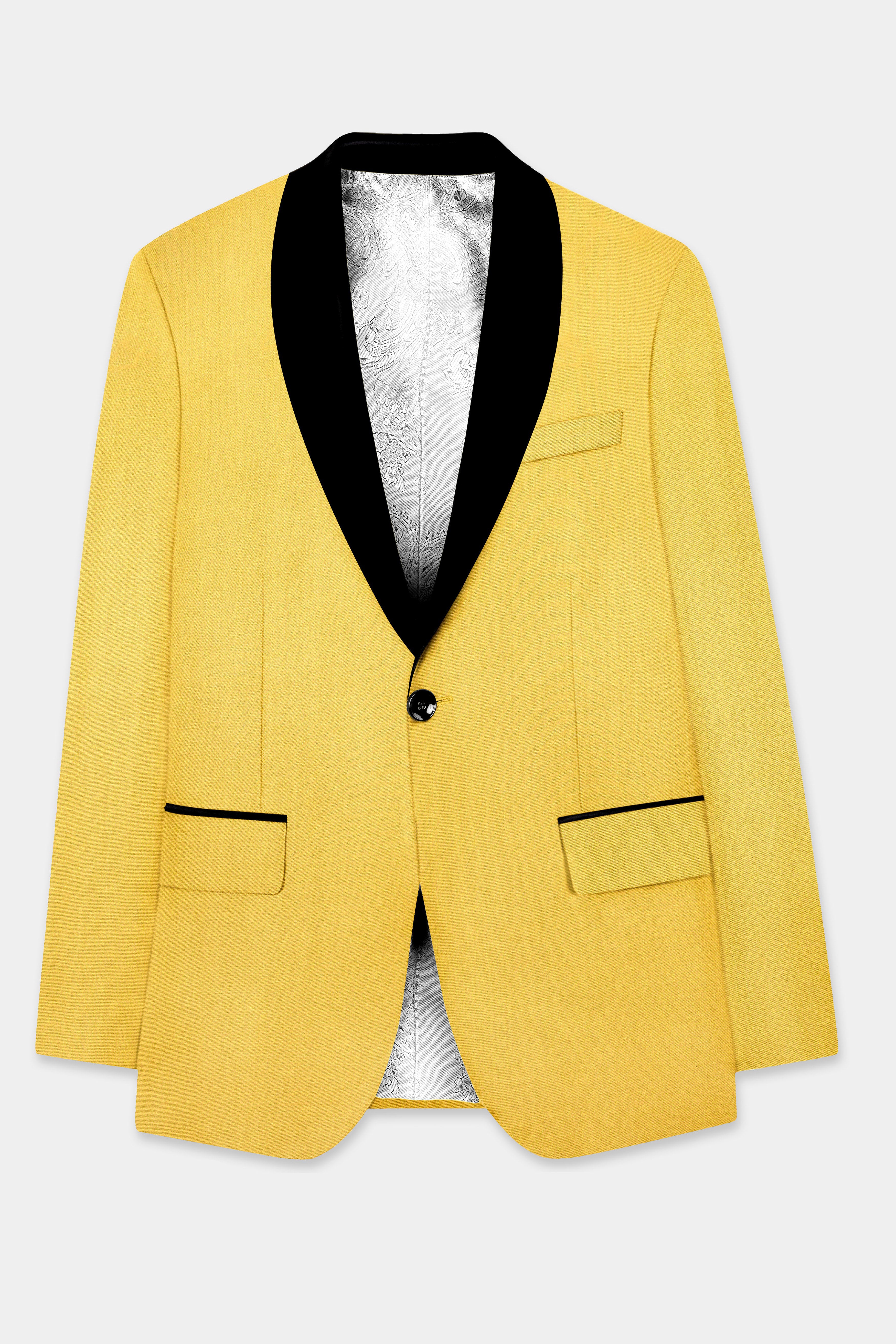 Saffron Elegance-Lemon Yellow Solid Wool Rich Tuxedo Slight Stretch Blazer