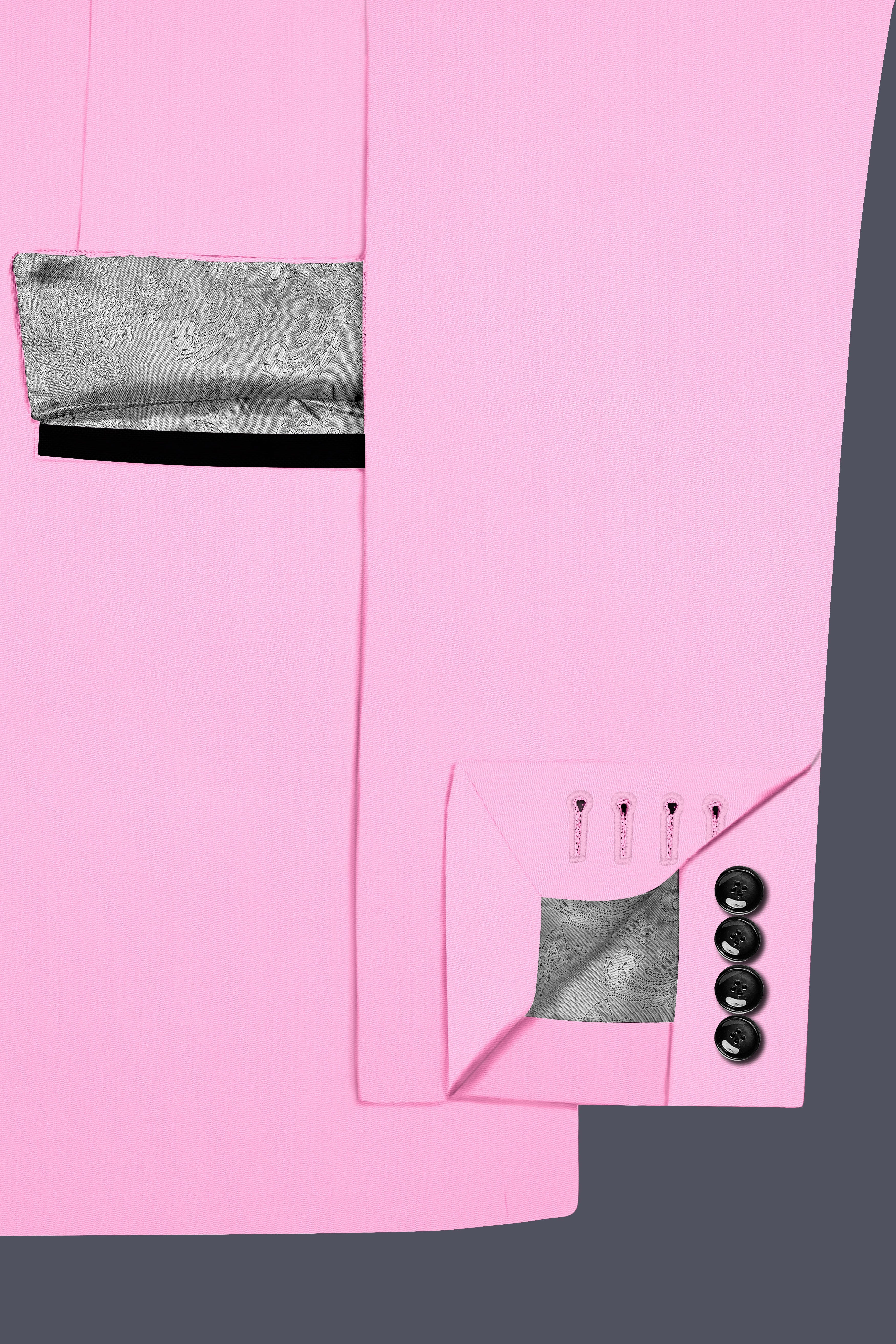 Rosé Reverie-Pestel Pink Solid Wool Rich Peak Lapel Tuxedo Slight Stretch Blazer