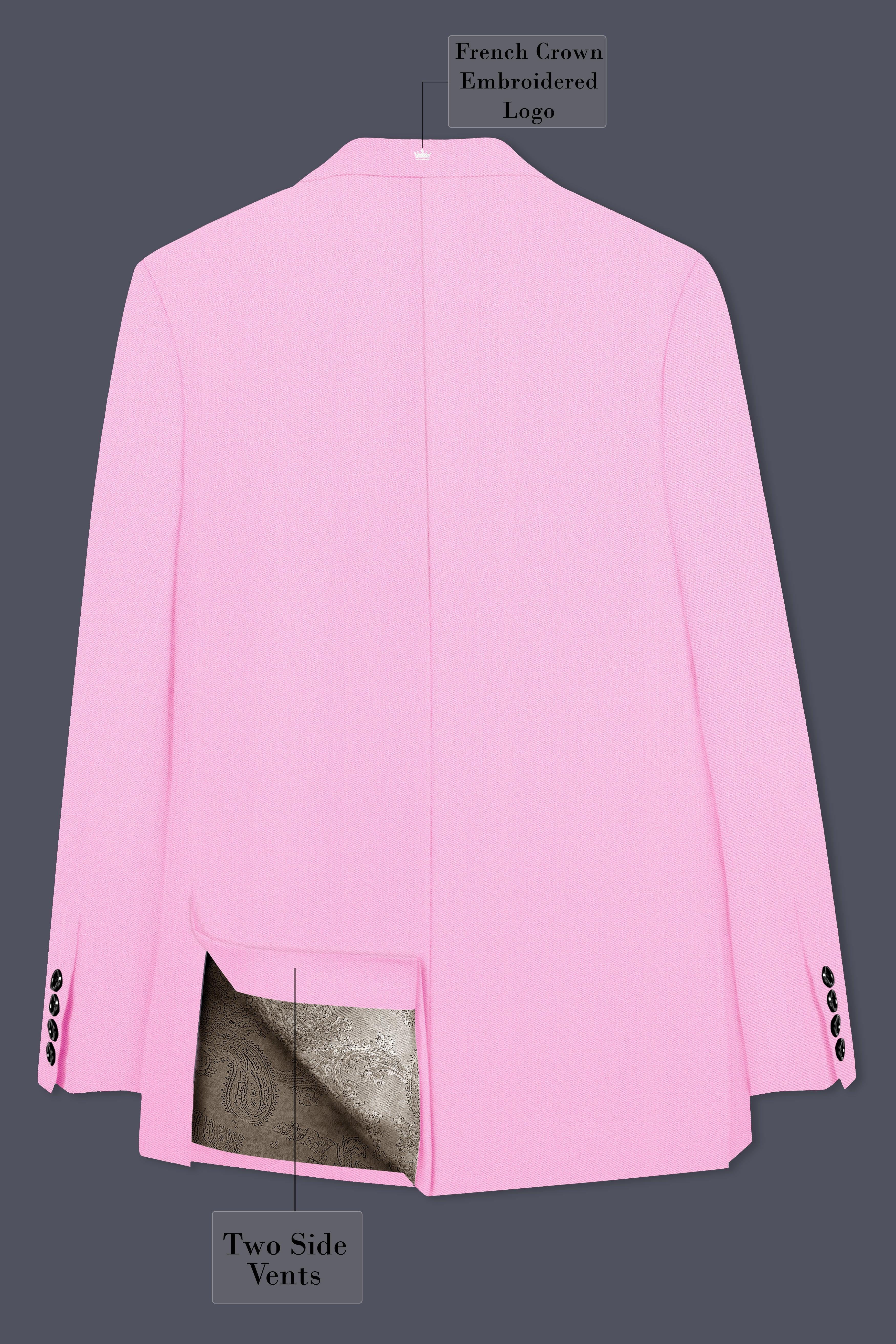 Rosé Reverie-Pestel Pink Solid Wool Rich Peak Lapel Tuxedo Slight Stretch Blazer