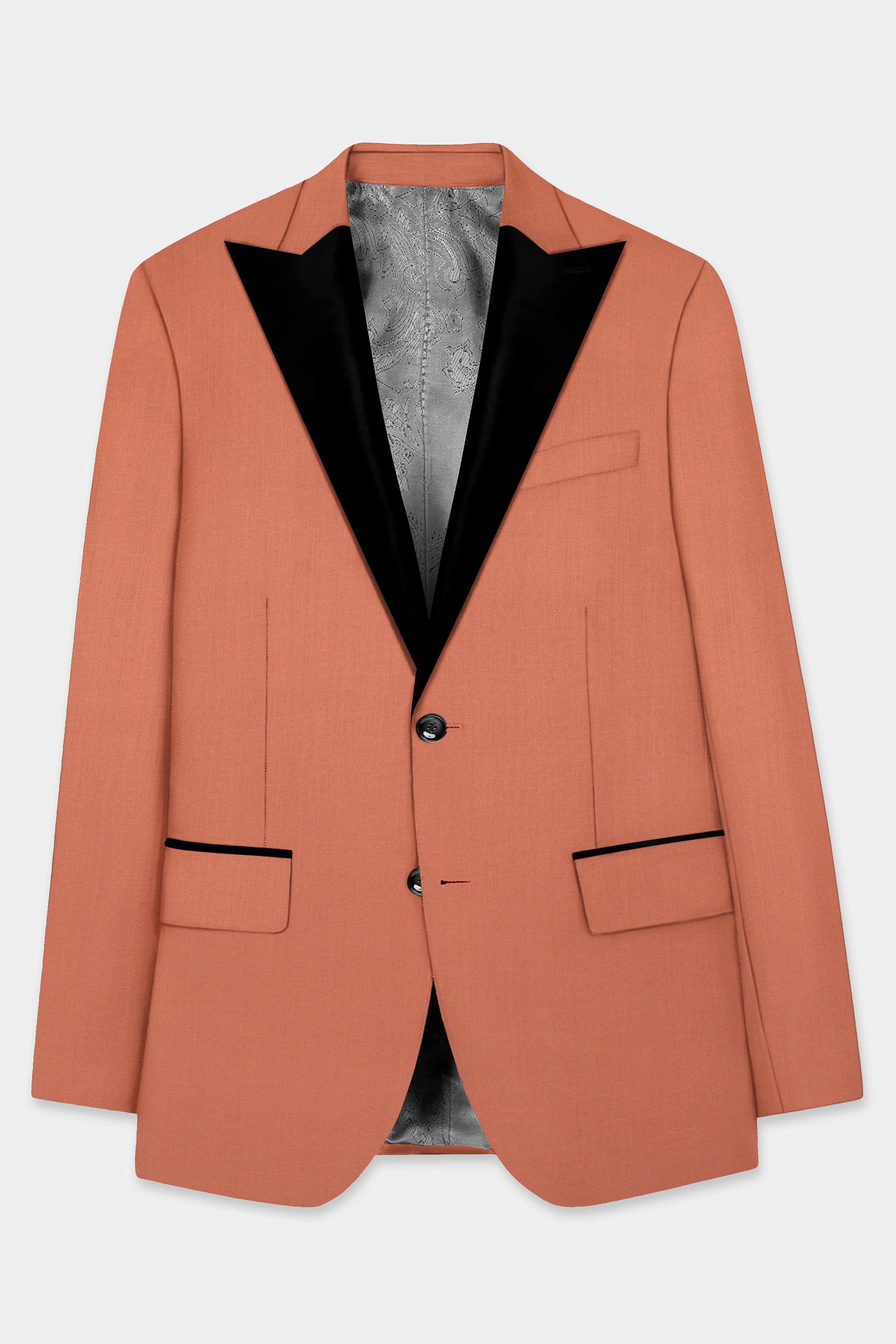Spiced Sunset-Salmon Orange Solid Wool Rich Peak Lapel Tuxedo Slight Stretch Blazer