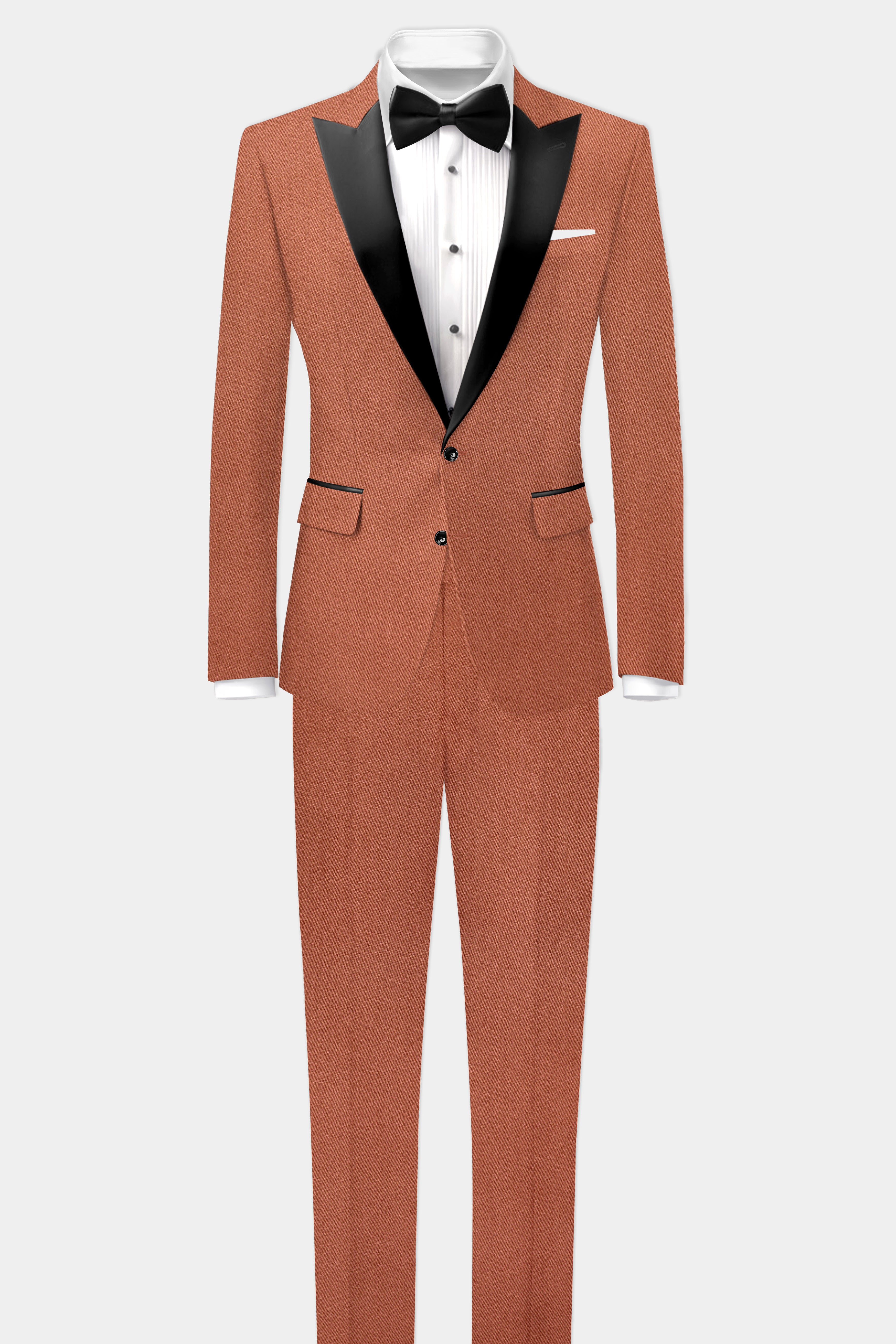 Spiced Sunset-Salmon Orange Solid Wool Rich Peak Lapel Tuxedo Slight Stretch Blazer