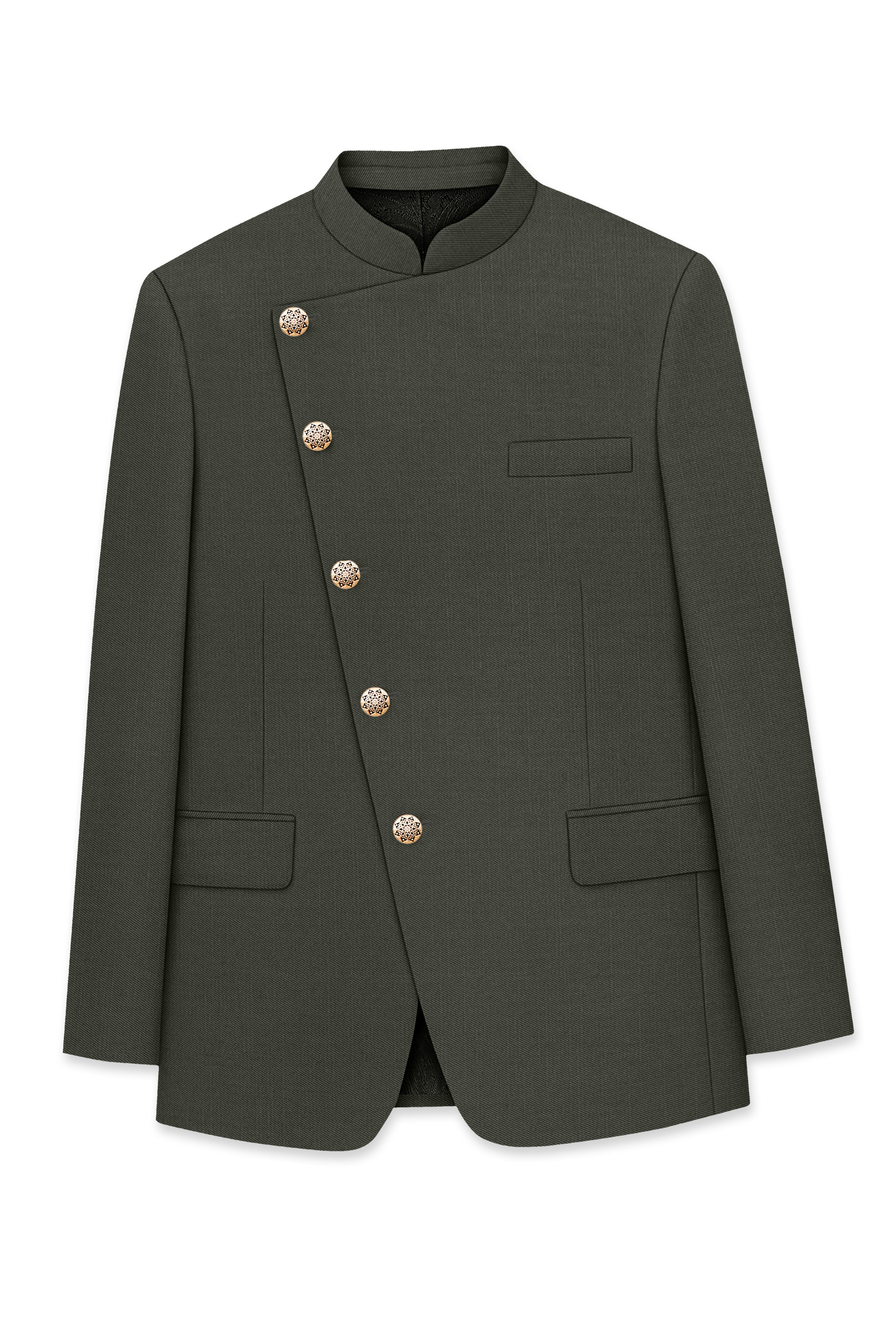 Verdant Majesty-Juniper Green Solid Wool Rich Cross Placket Bandhgala Slight Stretch Blazer