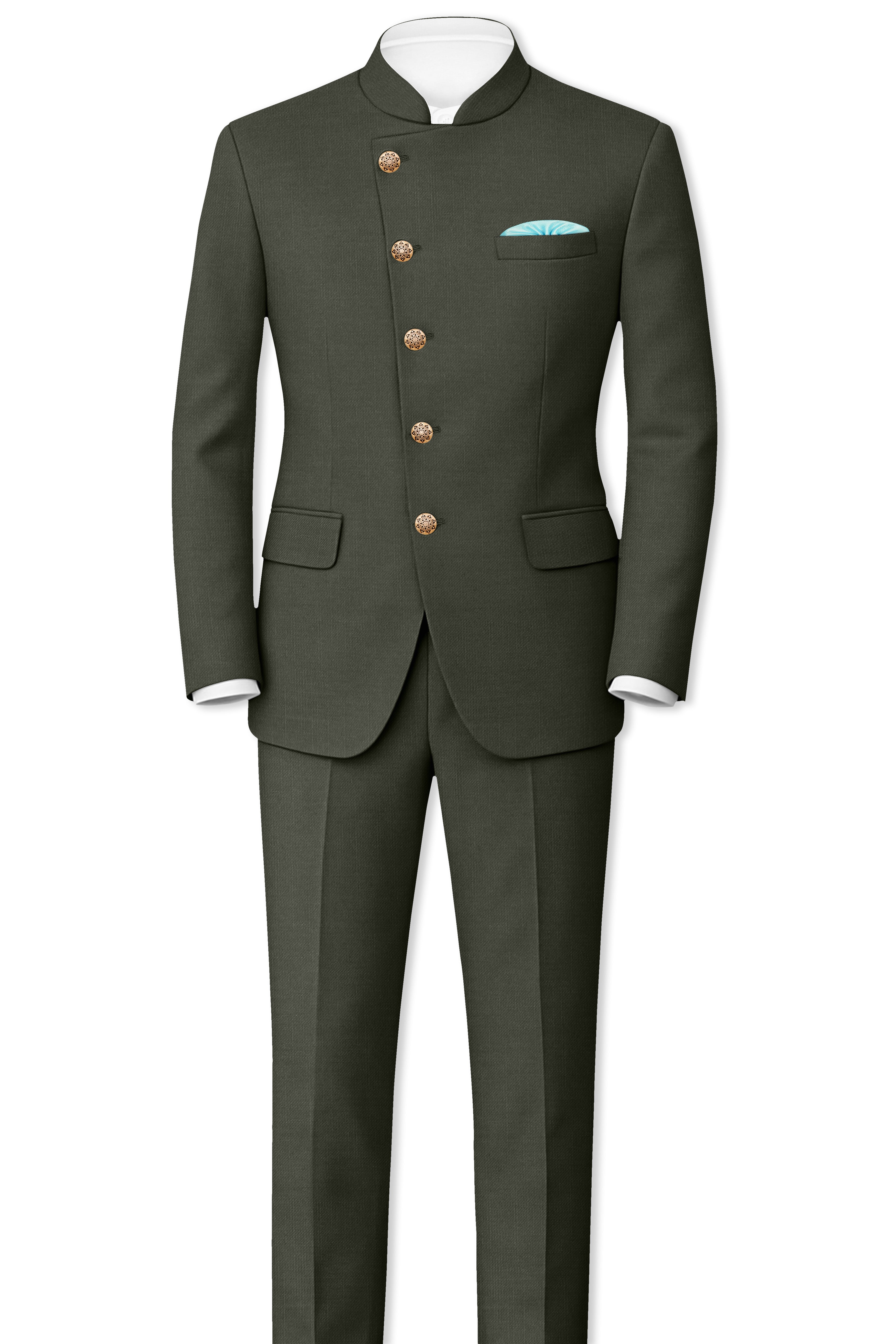 Verdant Majesty-Juniper Green Solid Wool Rich Cross Placket Bandhgala Slight Stretch Blazer