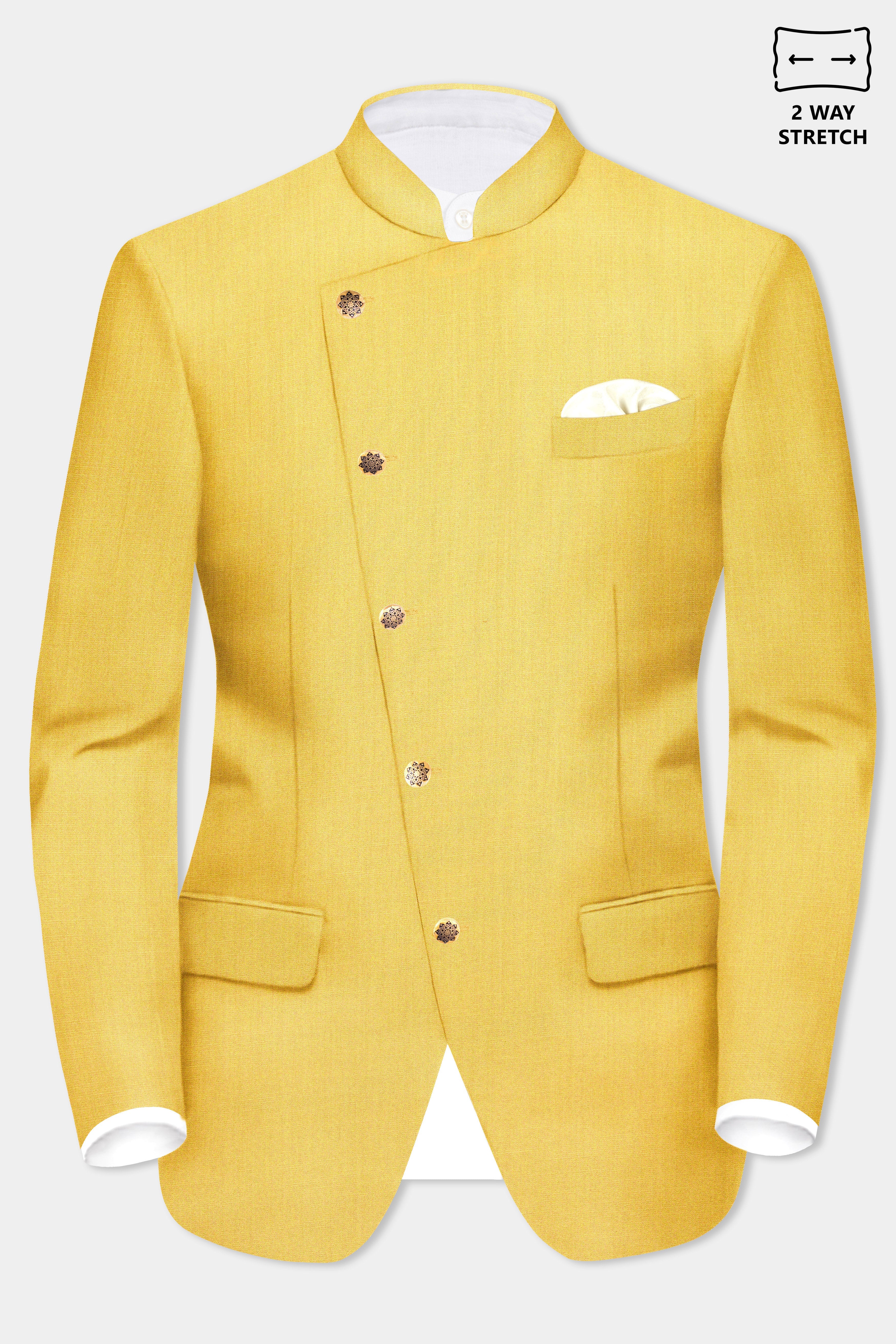 Saffron Elegance-Lemon Yellow Solid Wool Rich Cross Placket Bandhgala Stretchable traveler Blazer