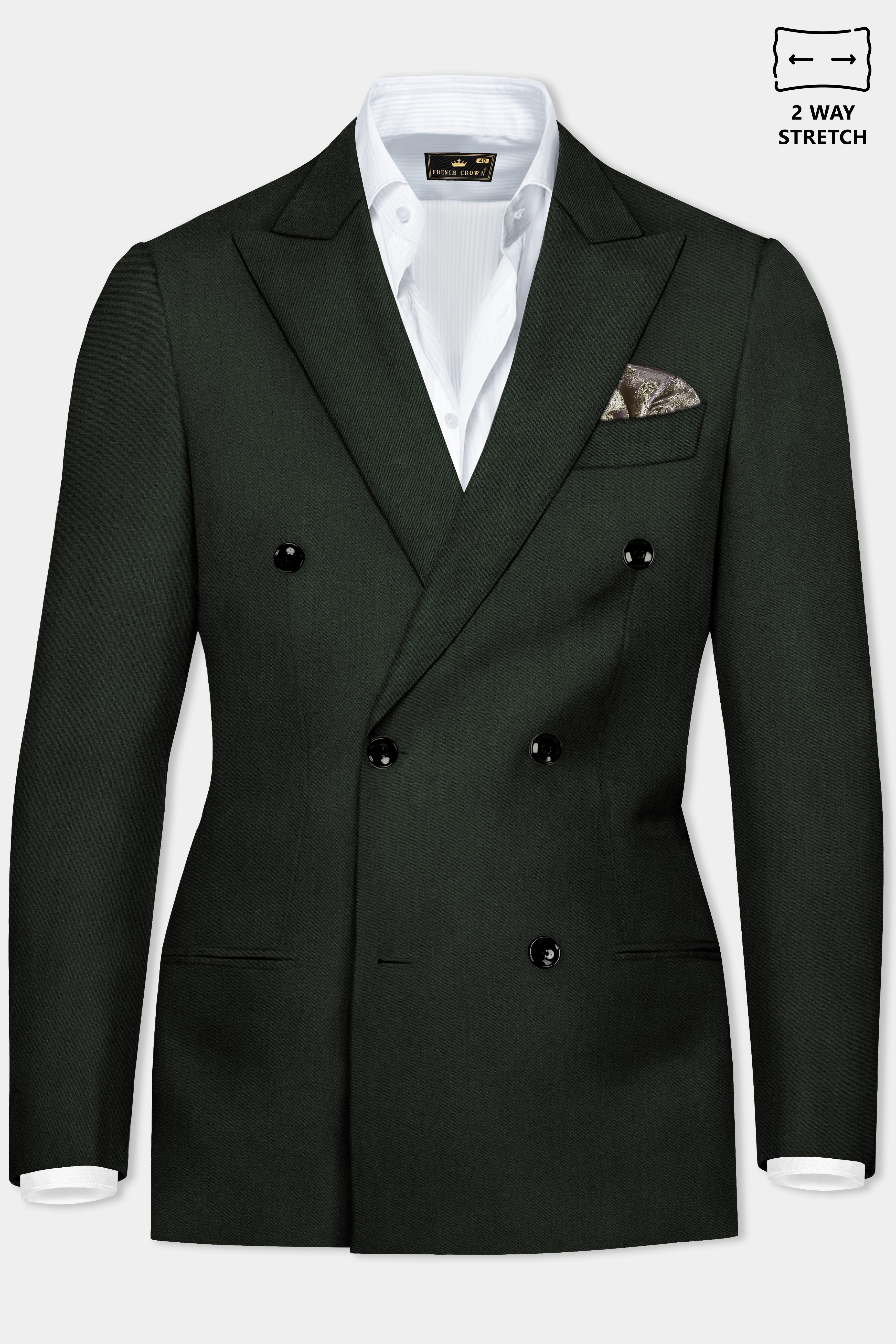 Verdant Majesty-Juniper Green Solid Wool Rich Double Breasted Slight Stretch Blazer