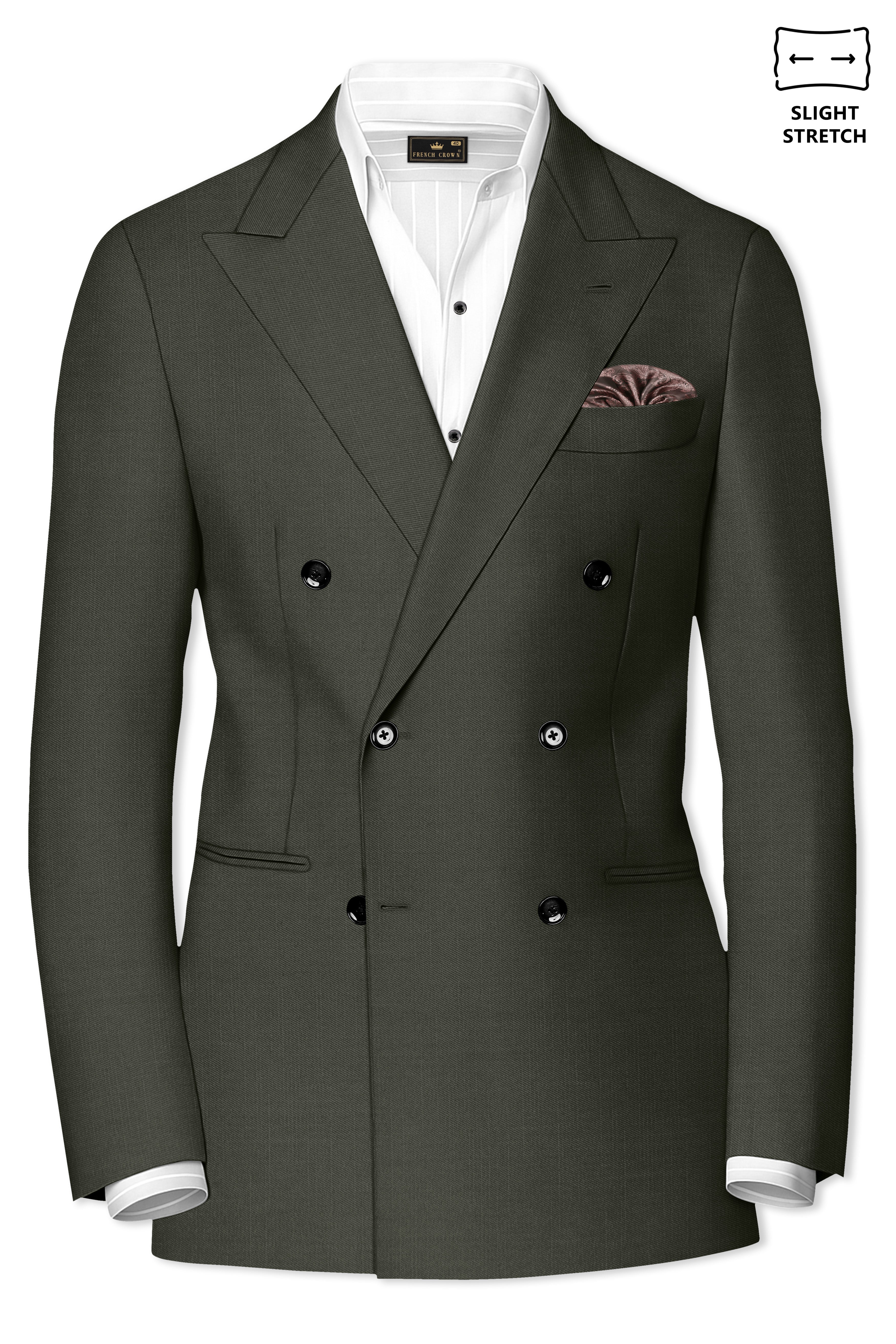 Verdant Majesty-Juniper Green Solid Wool Rich Double Breasted Slight Stretch Blazer