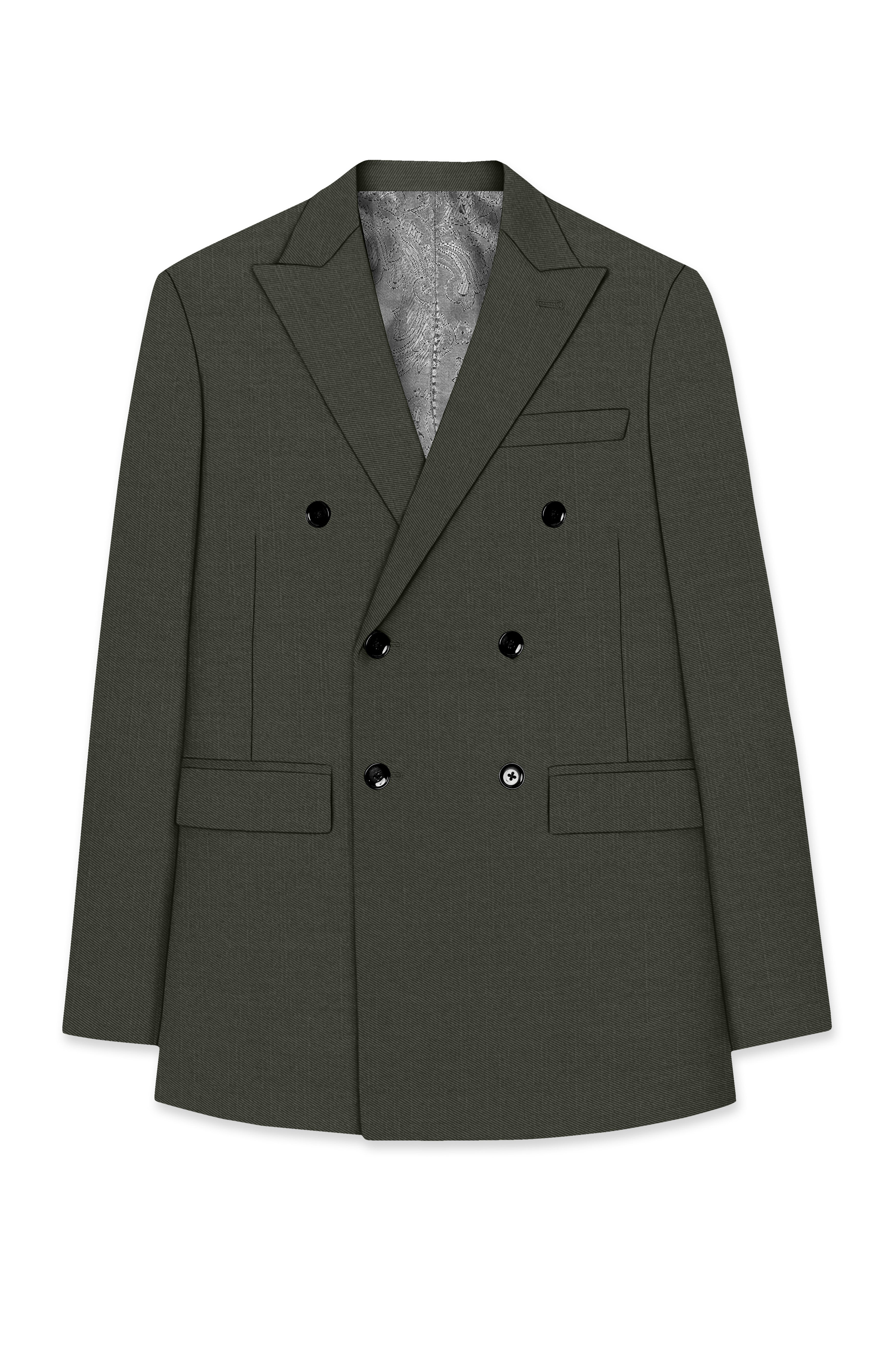 Verdant Majesty-Juniper Green Solid Wool Rich Double Breasted Slight Stretch Blazer