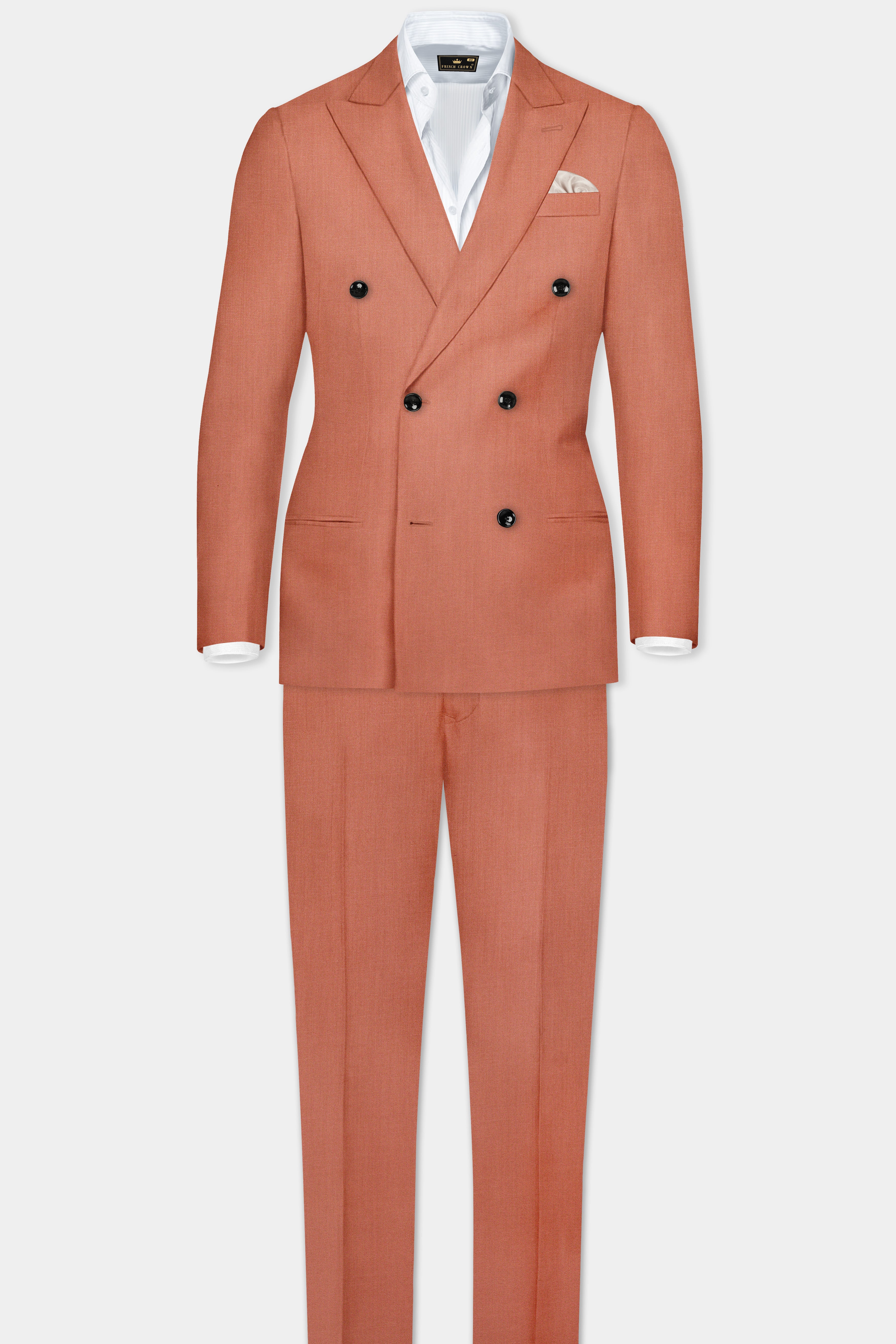 Spiced Sunset-Salmon Orange Solid Wool Rich Double Breasted Slight Stretch Blazer