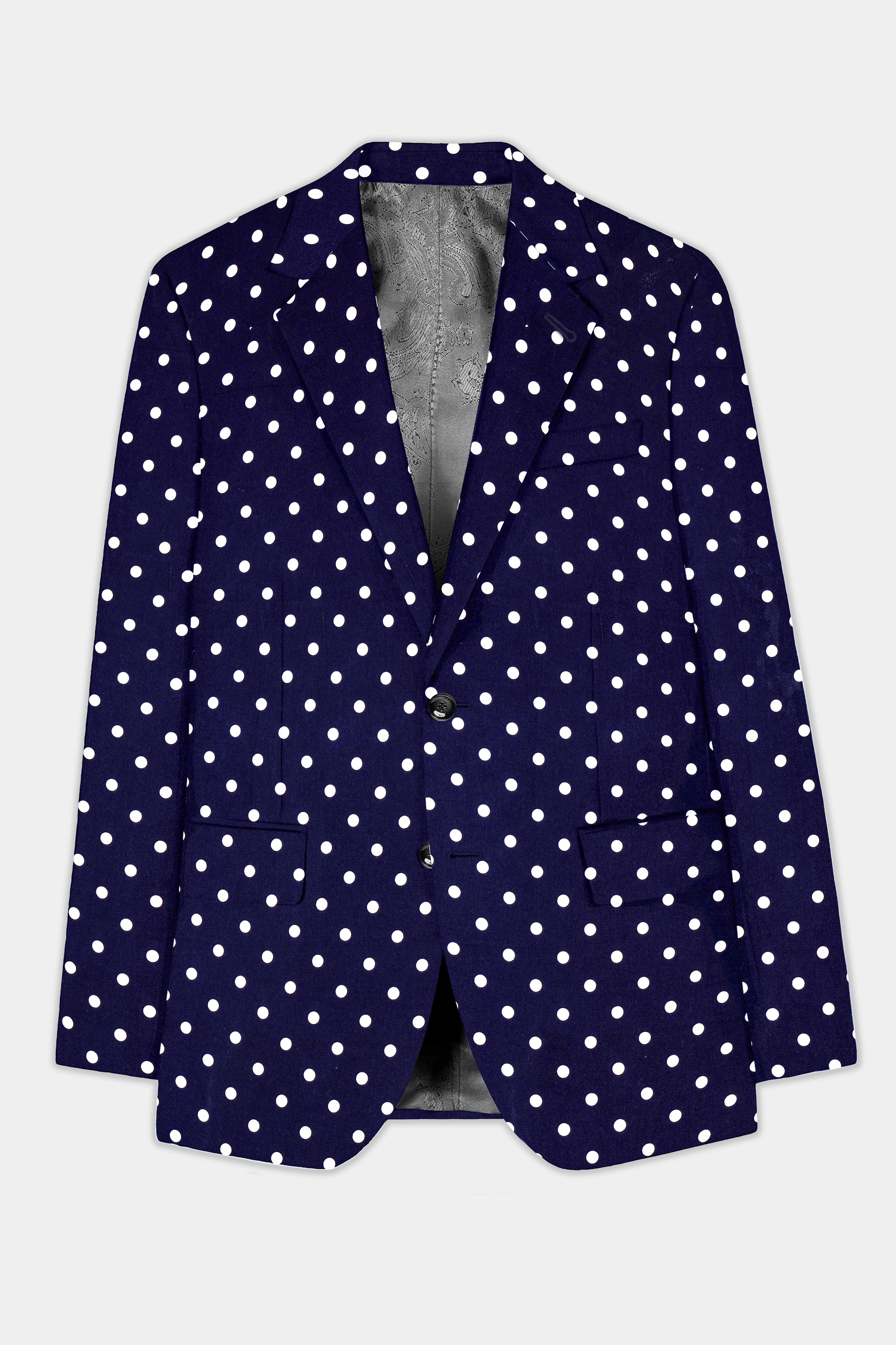 Azure Noir-Ultramarine Blue Polka Dots Printed Single Breasted Blazer