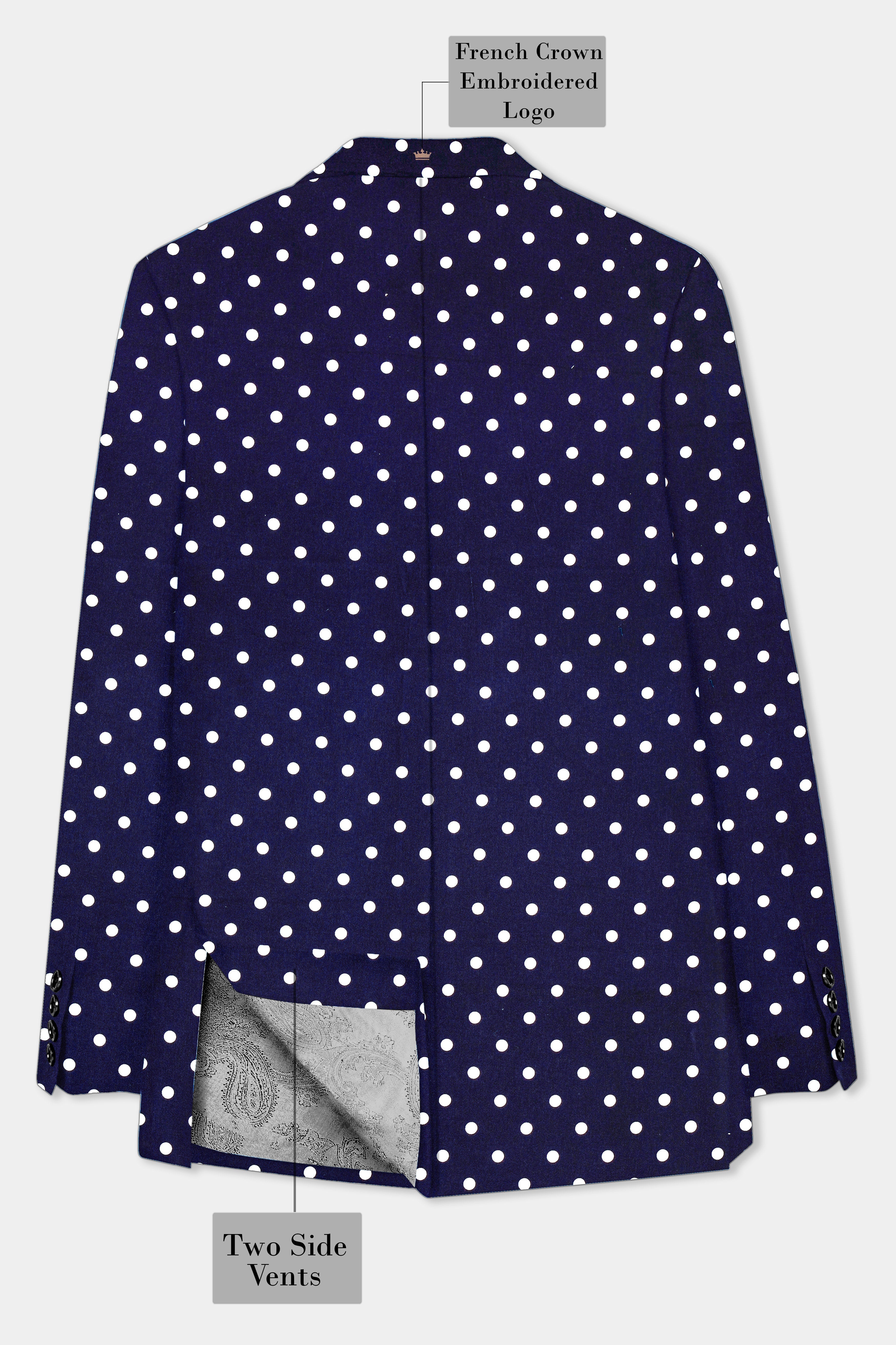 Azure Noir-Ultramarine Blue Polka Dots Printed Single Breasted Blazer