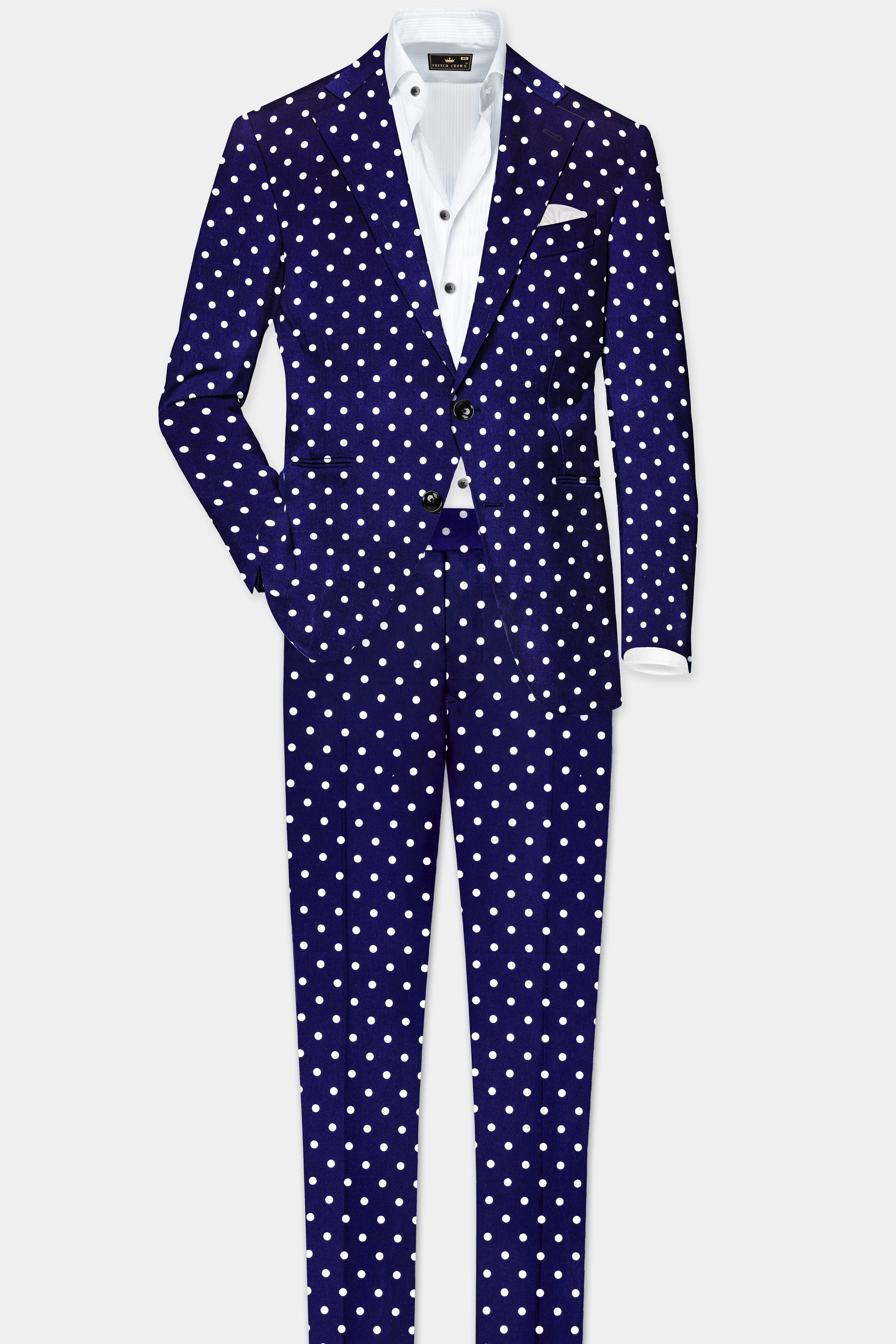 Azure Noir-Ultramarine Blue Polka Dots Printed Single Breasted Blazer