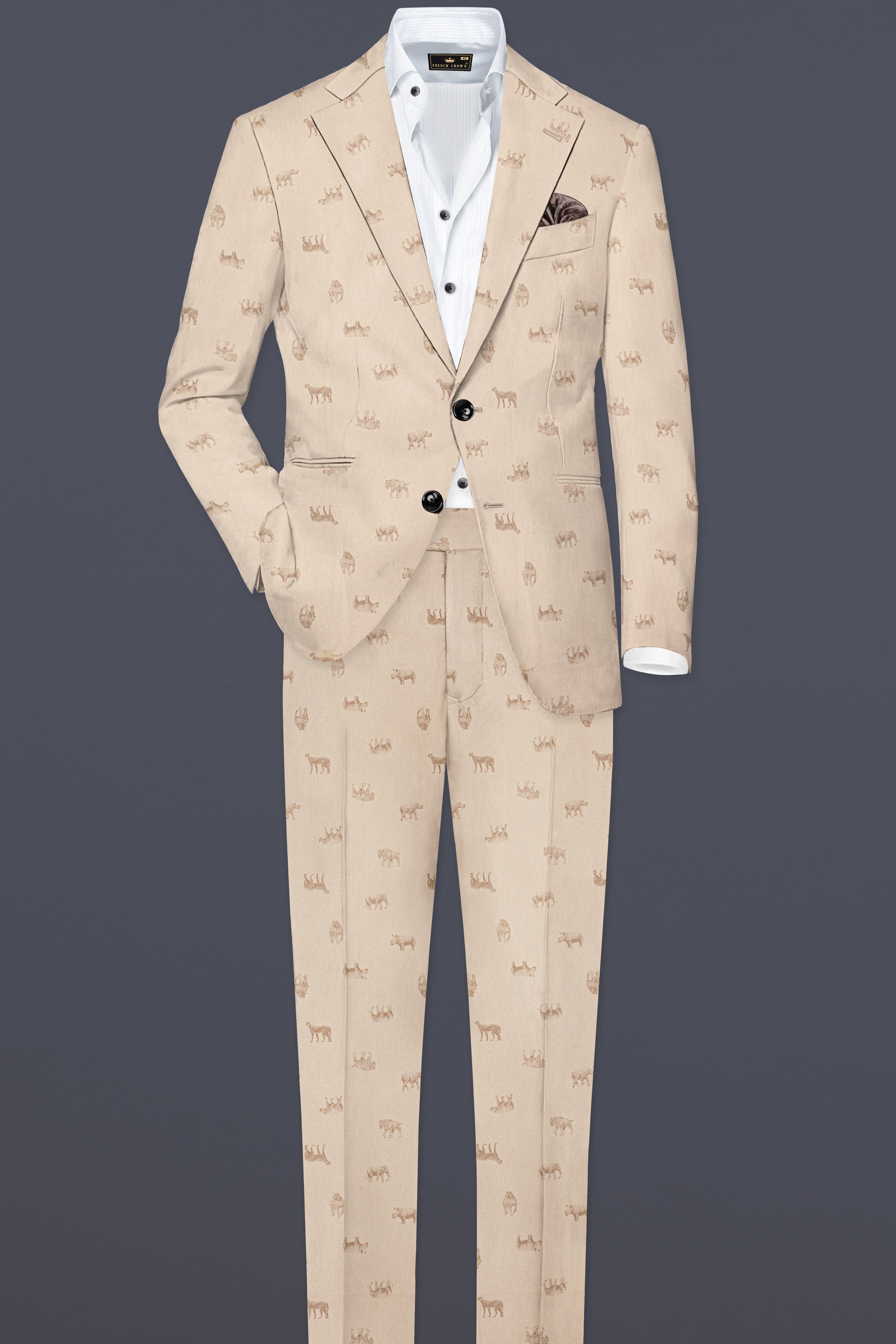 Ivory Wild-Vanilla Cream Animal Printed Cotton Single Breasted Blazer