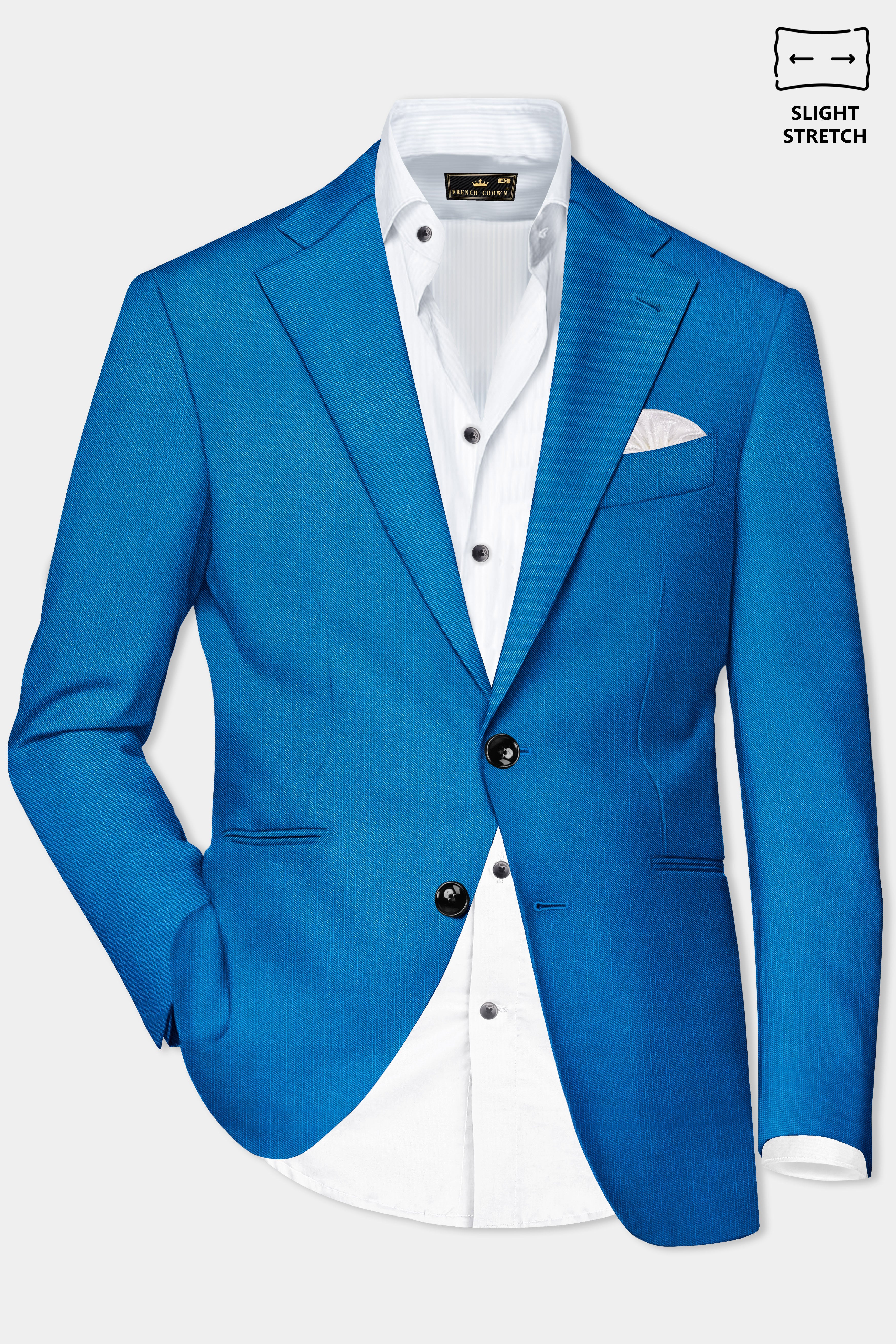 Azure-Venice Blue Solid Wool Rich Single Breasted Slight Stretch Blazer