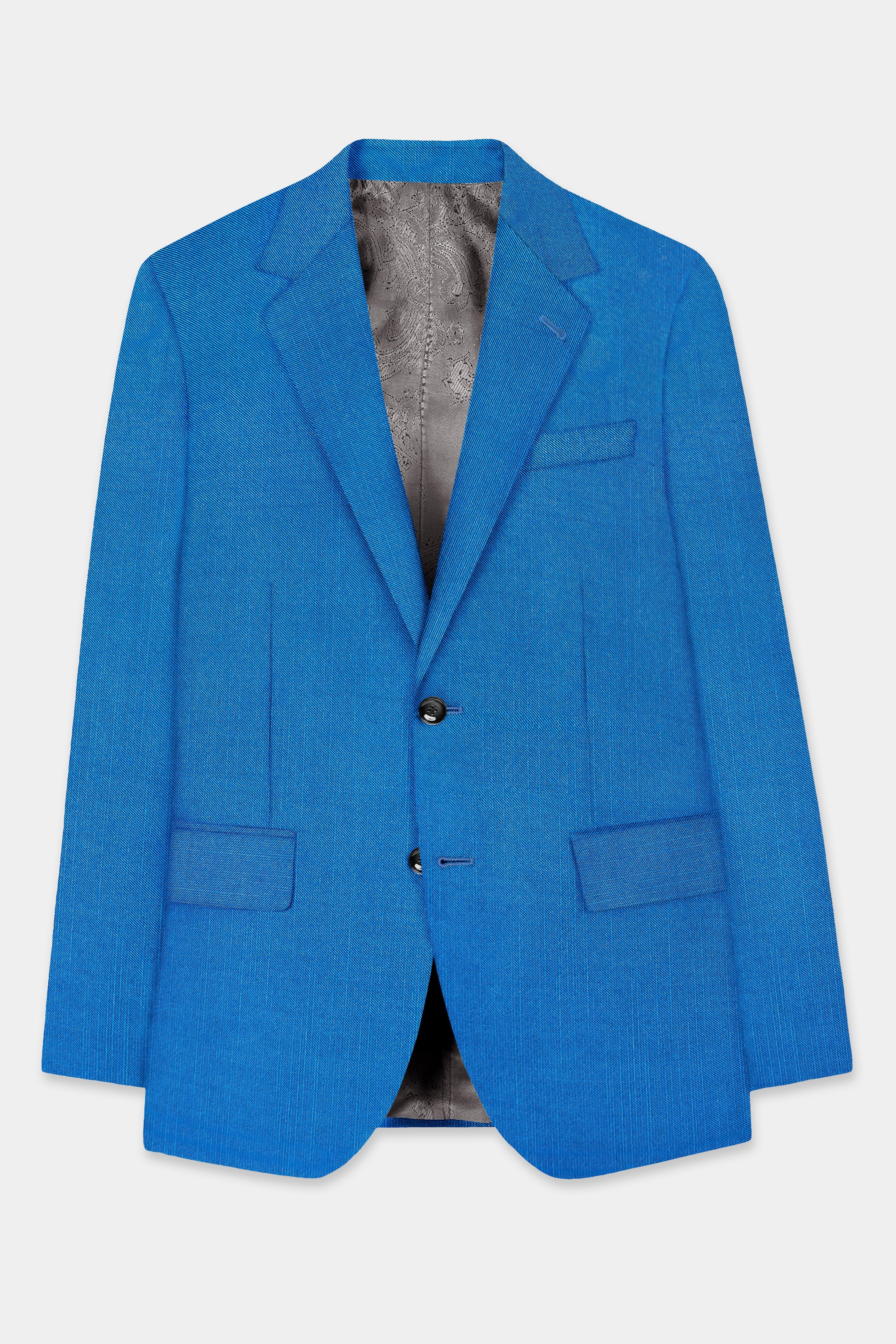 Azure-Venice Blue Solid Wool Rich Single Breasted Stretchable Traveler Blazer