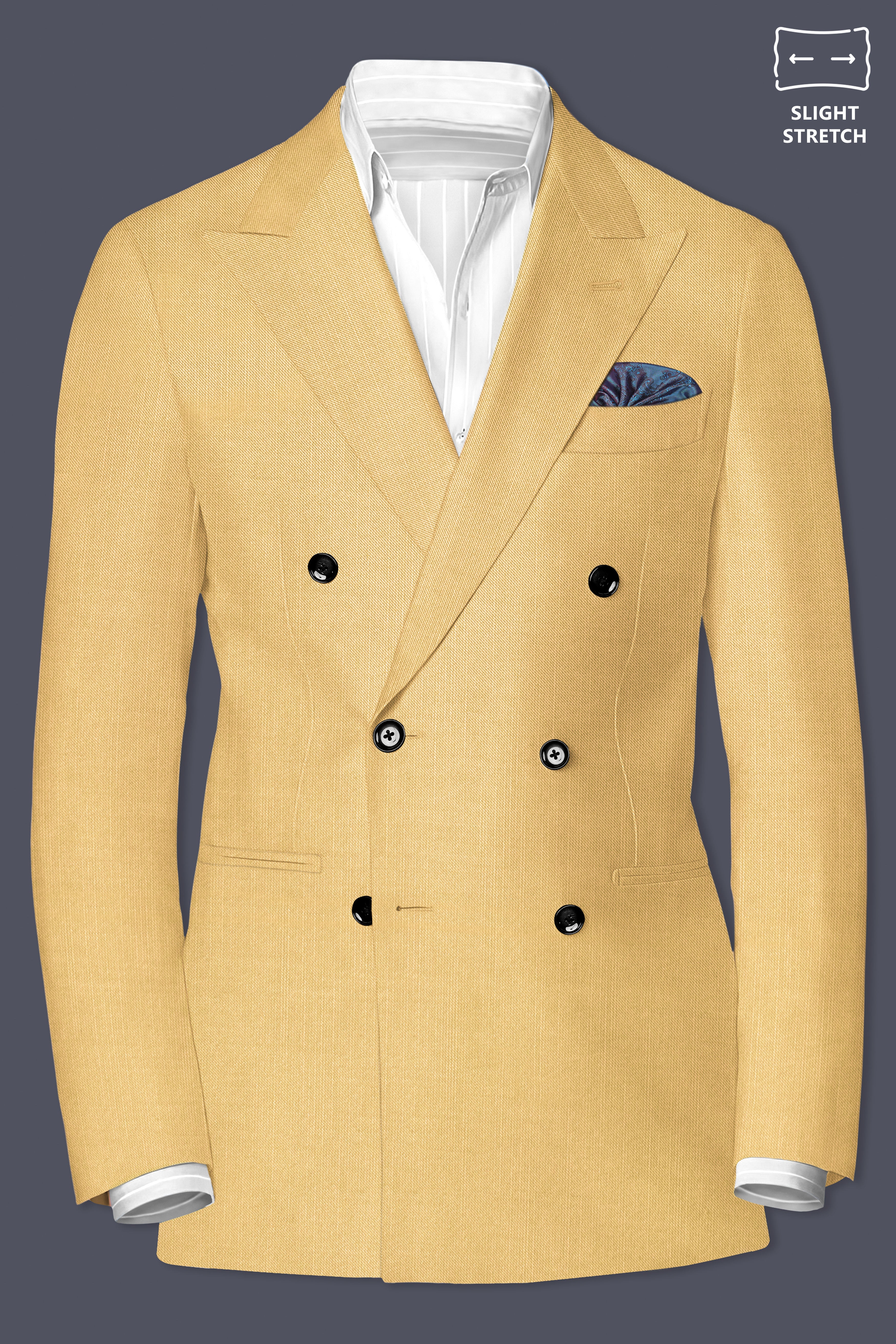 Saffron-Harvest Yellow Solid Wool Rich Double Breasted Slight Stretch Blazer