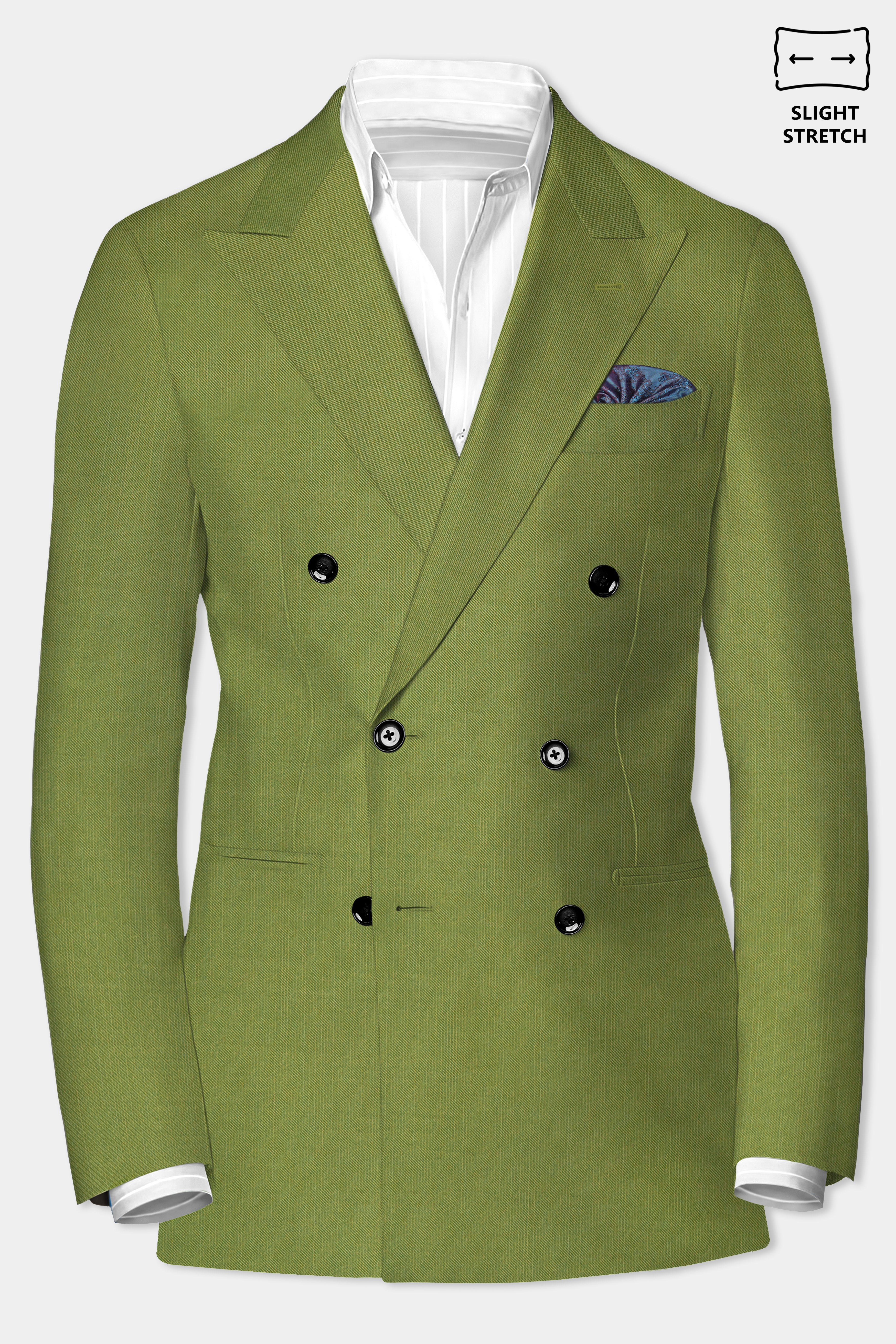 Pistachio-Wasabi Green Solid Wool Rich Double Breasted Slight Stretch Blazer