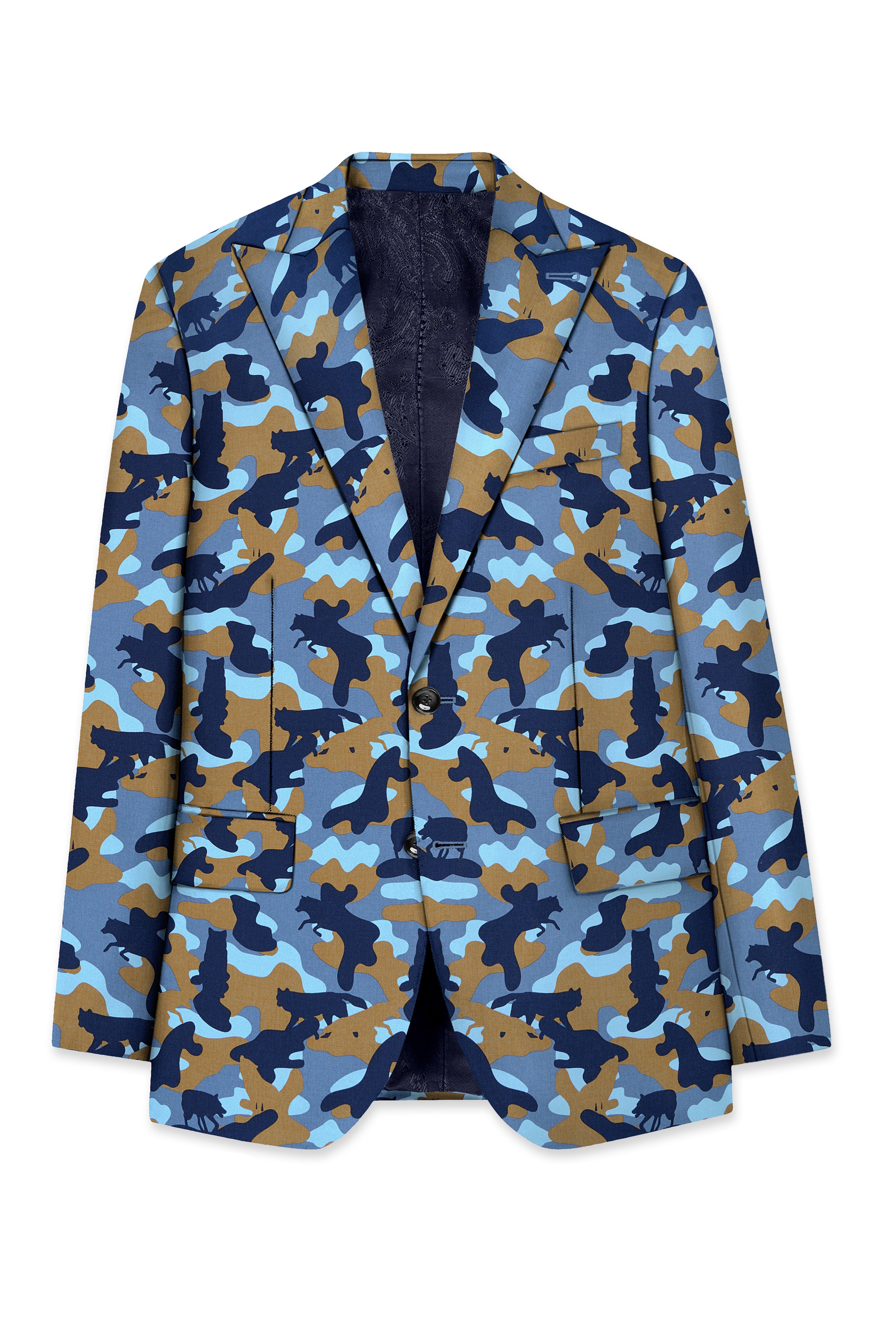 Martinique Blue And Irish Brown Camouflage Printed Single Breasted Blazer