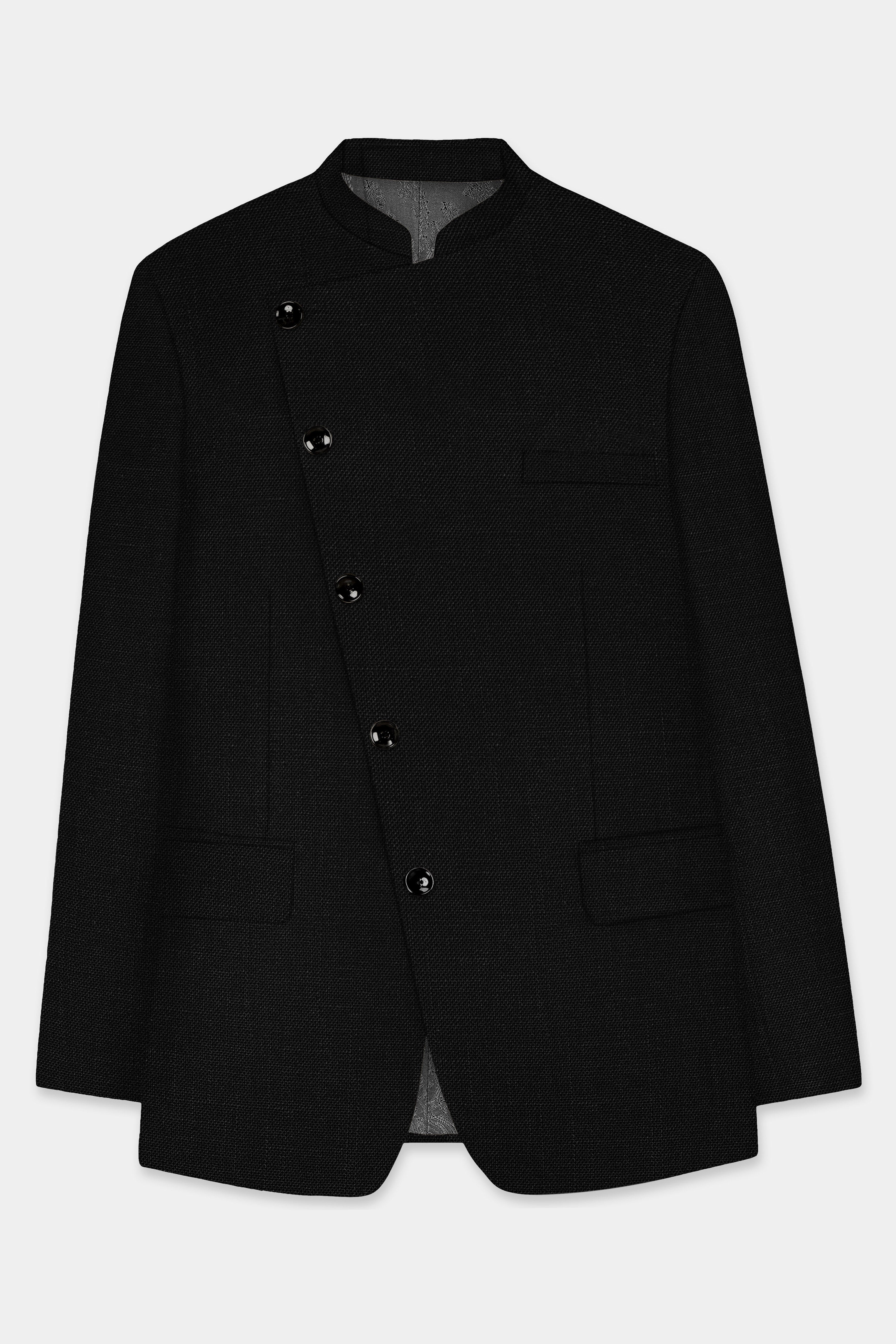 Jade Black Solid Wool Rich Cross Placket Bandhgala Luxurious Linen Blazer