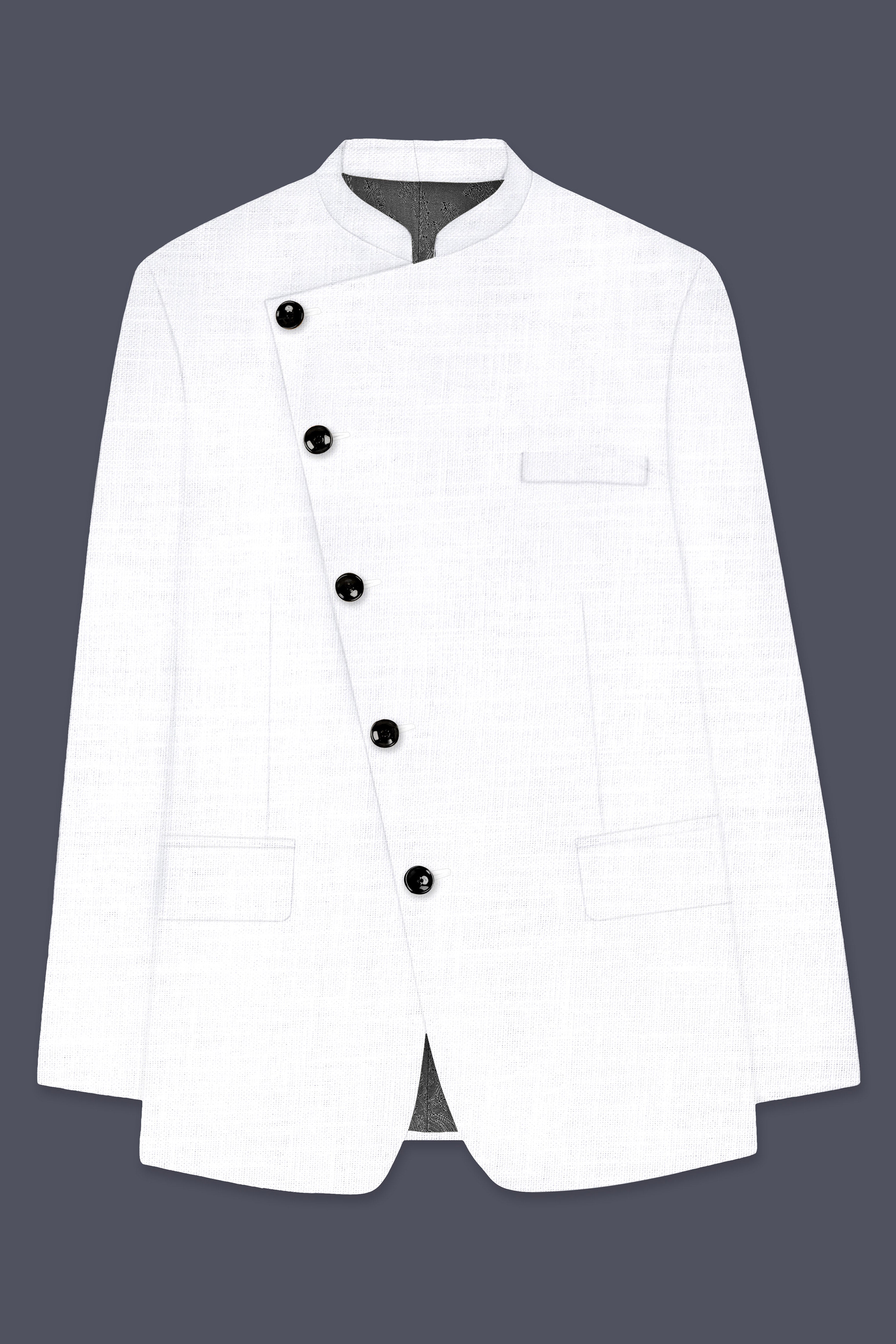 Bright White Solid Wool Rich Cross Placket Bandhgala Luxurious Linen Blazer