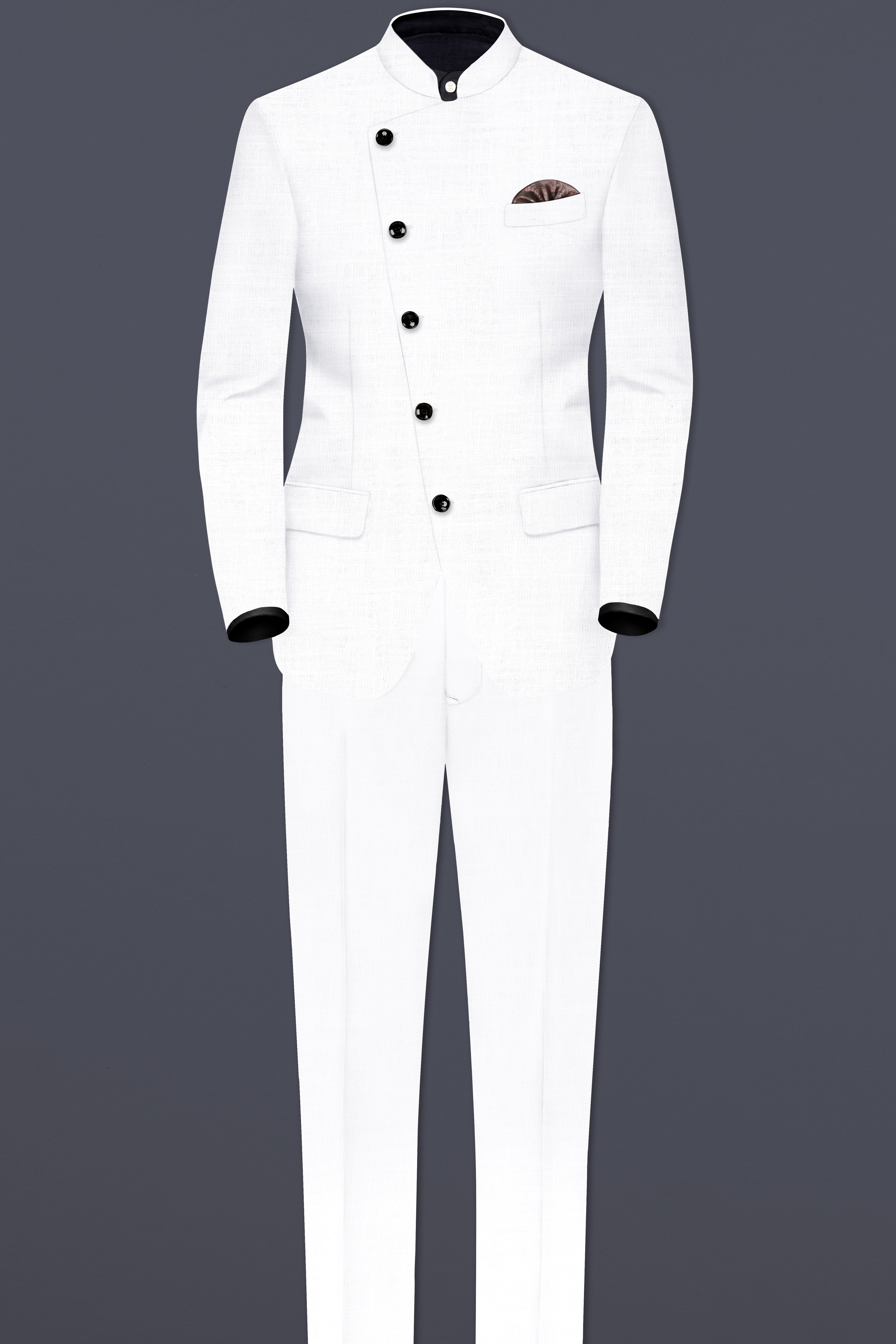 Bright White Solid Wool Rich Cross Placket Bandhgala Luxurious Linen Blazer