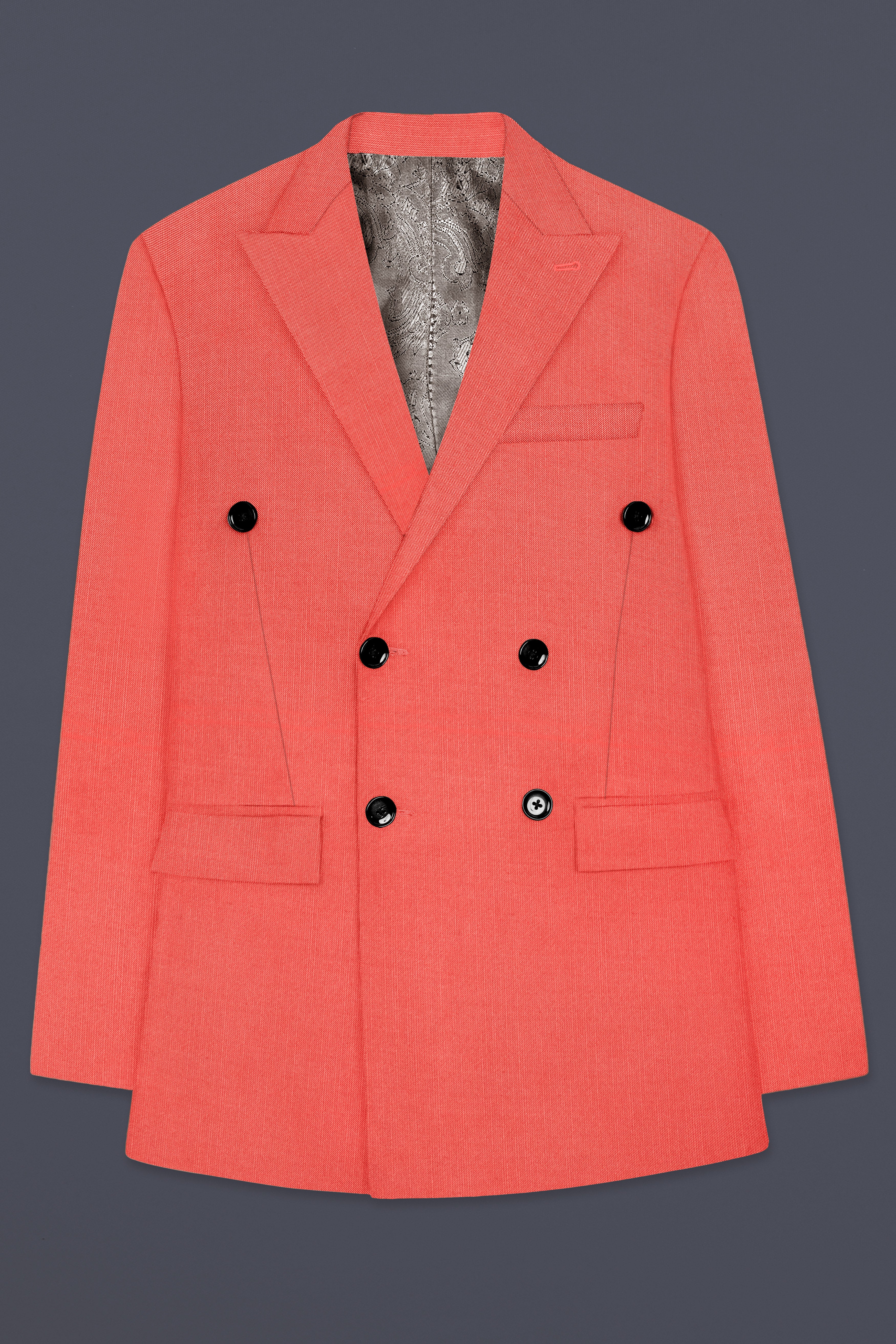 Aurora-Salmon Orange Solid Wool Rich Double Breasted Slight Stretch Blazer