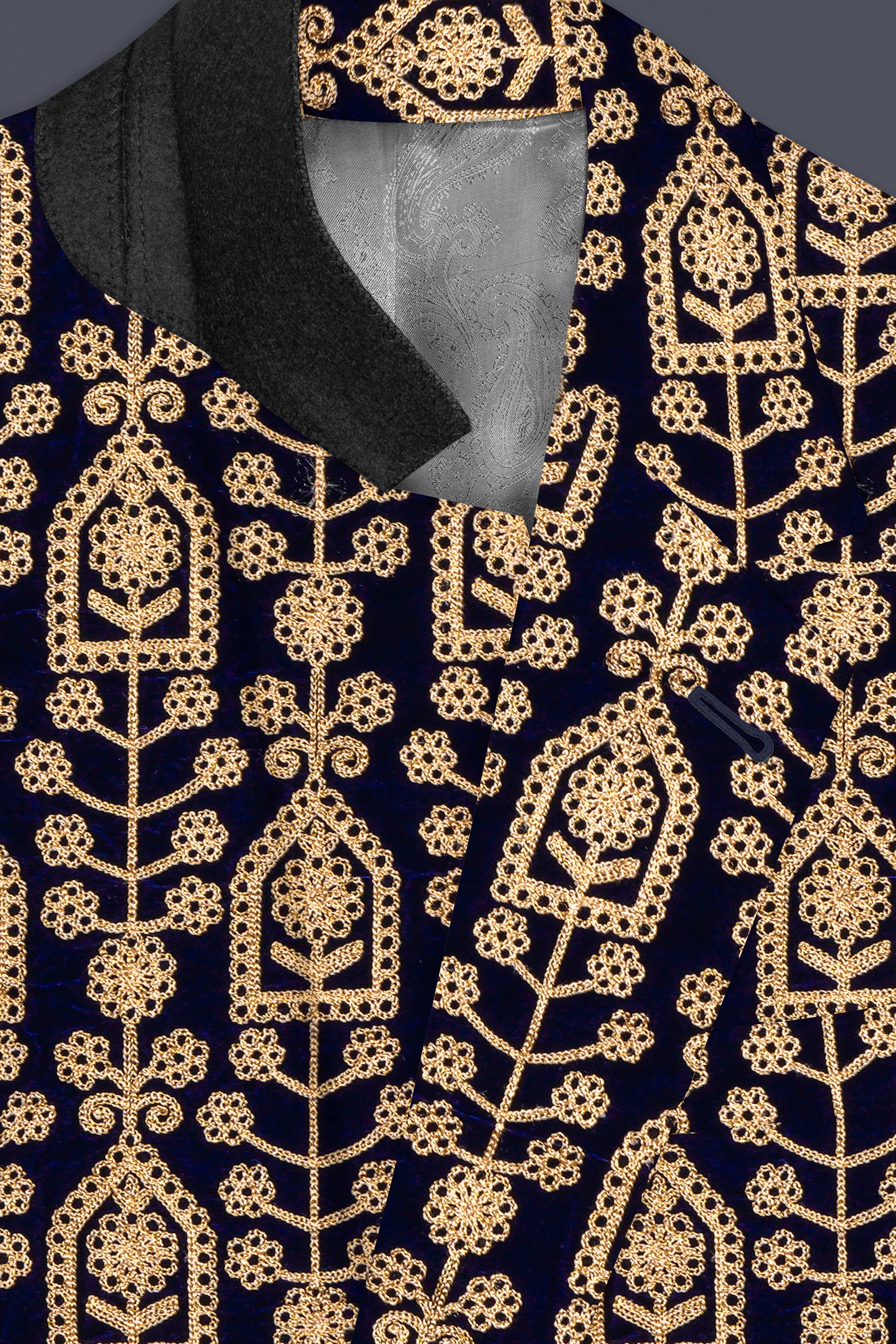 Navy Blue Thread Work Embroidered Velvet Single Breasted Blazer