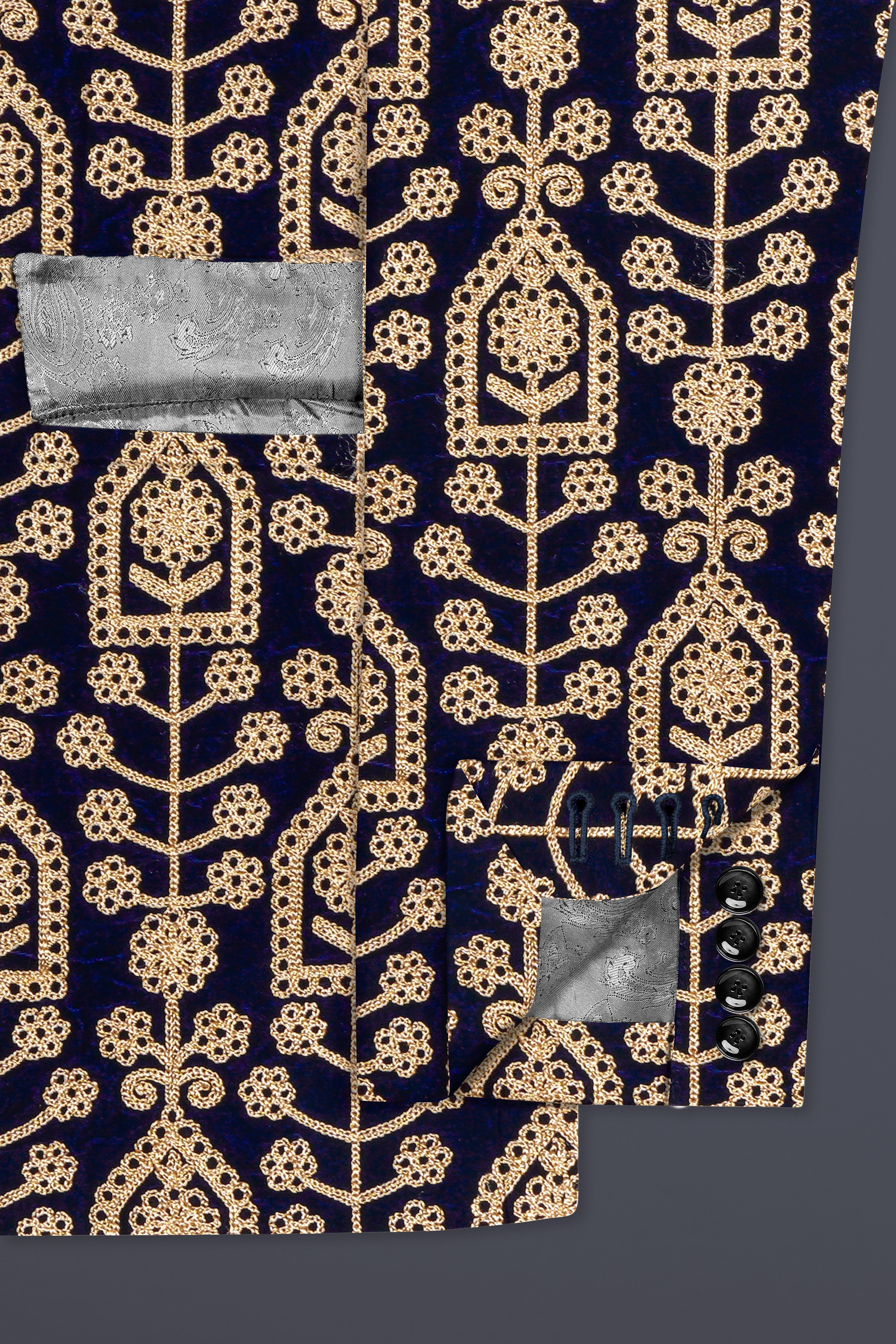 Navy Blue Thread Work Embroidered Velvet Single Breasted Blazer