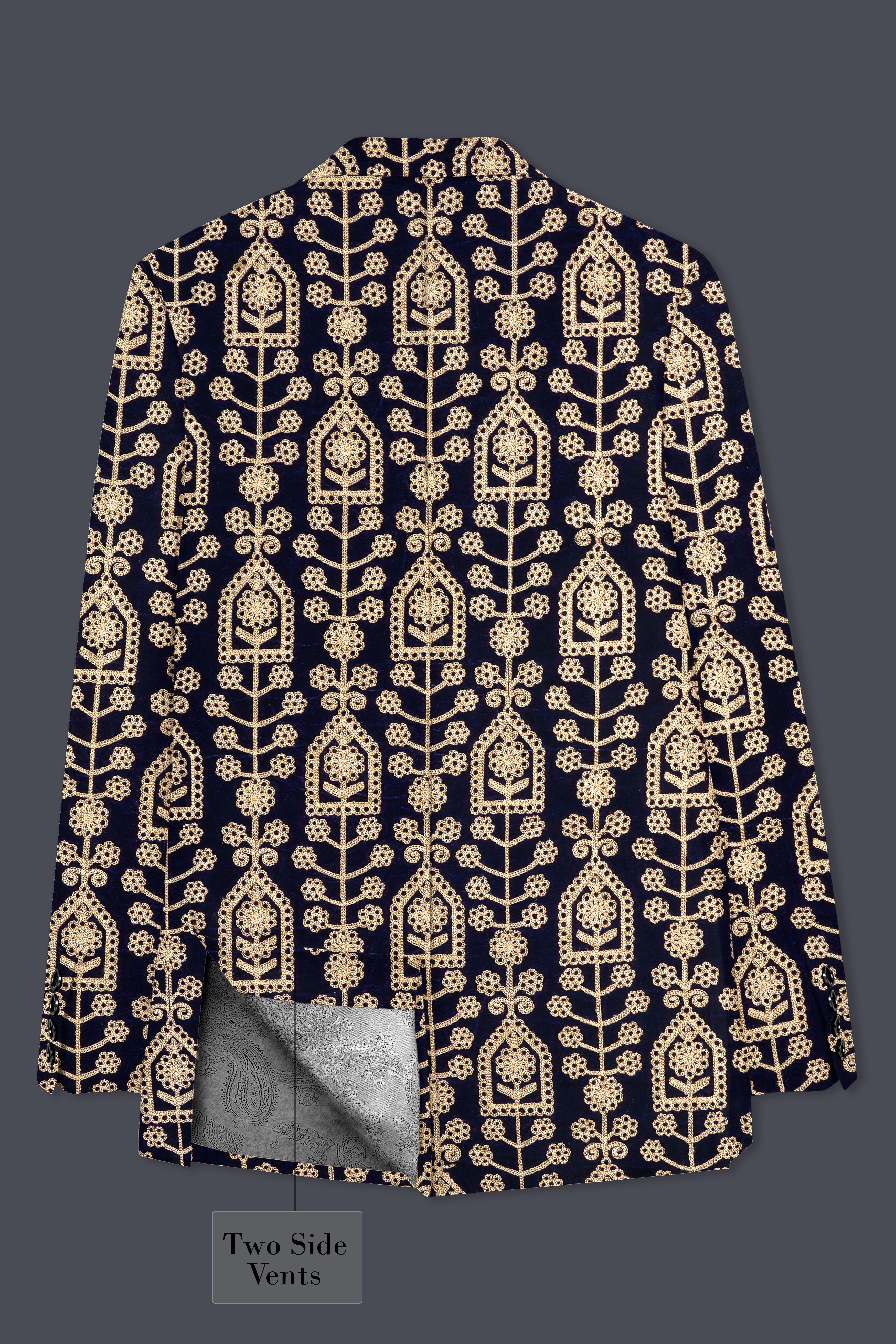 Navy Blue Thread Work Embroidered Velvet Single Breasted Blazer