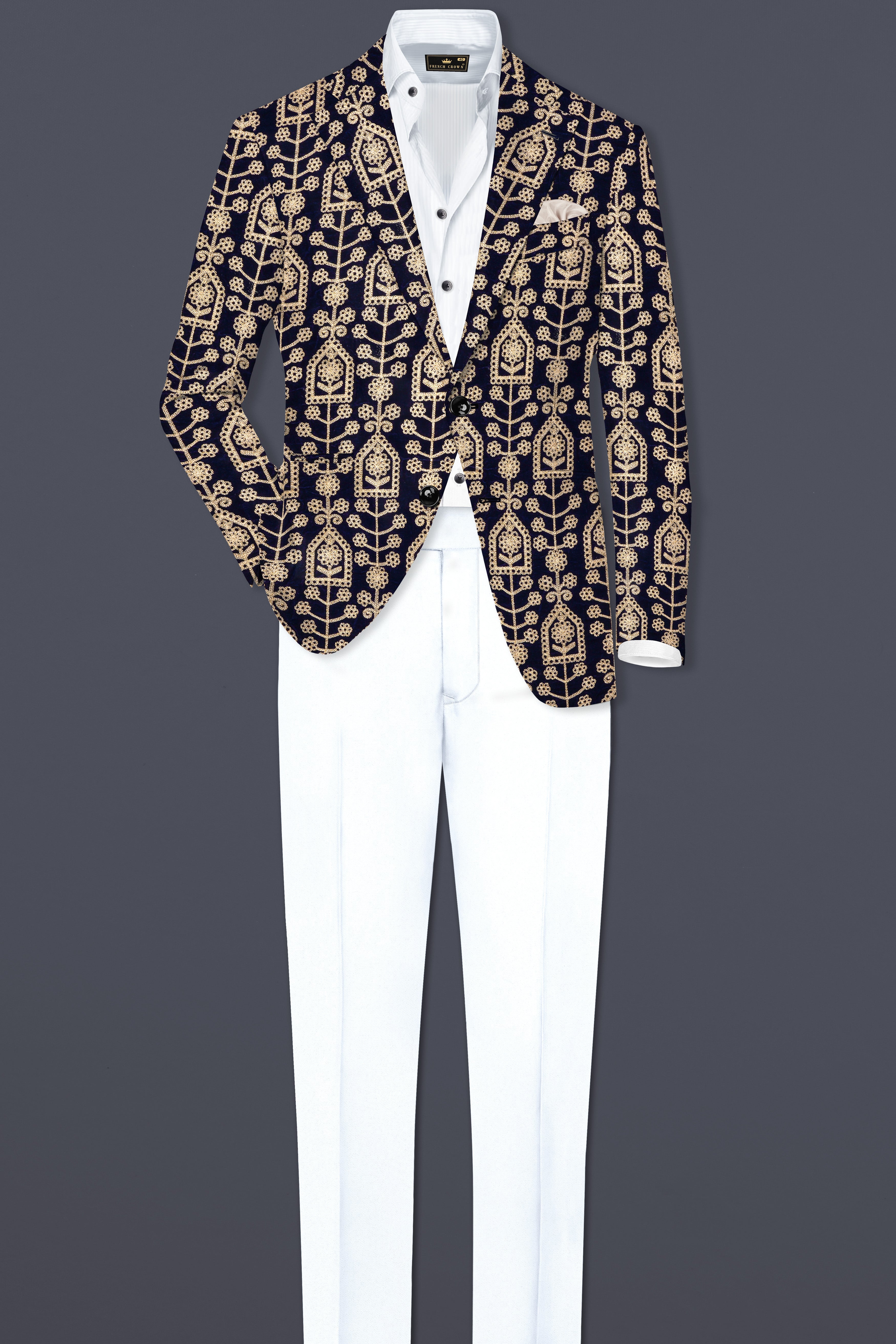 Navy Blue Thread Work Embroidered Velvet Single Breasted Blazer