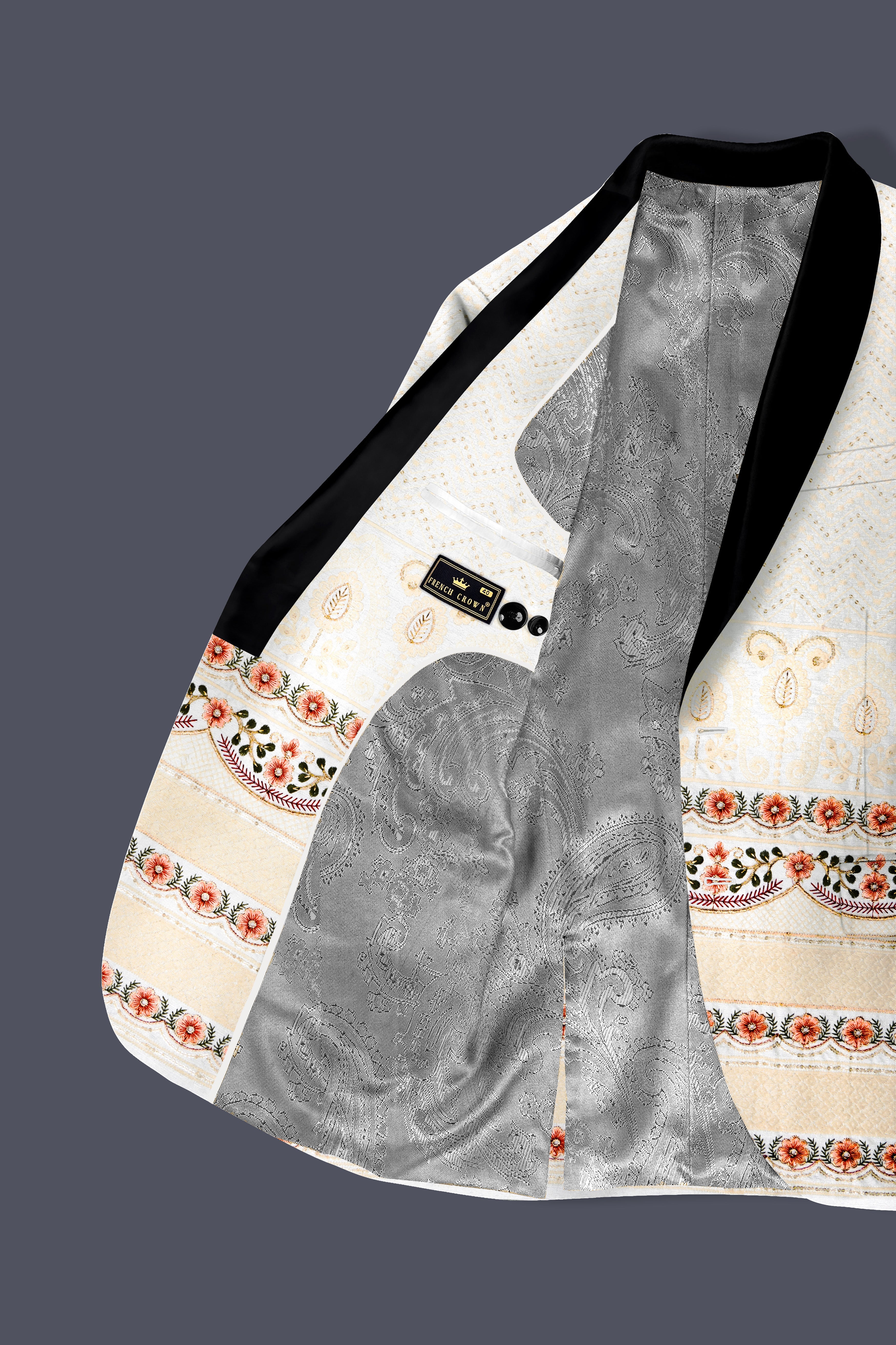 Off White And ApricotPeach Multicolor Sequin and thread Embroidered Tuxedo Blazer
