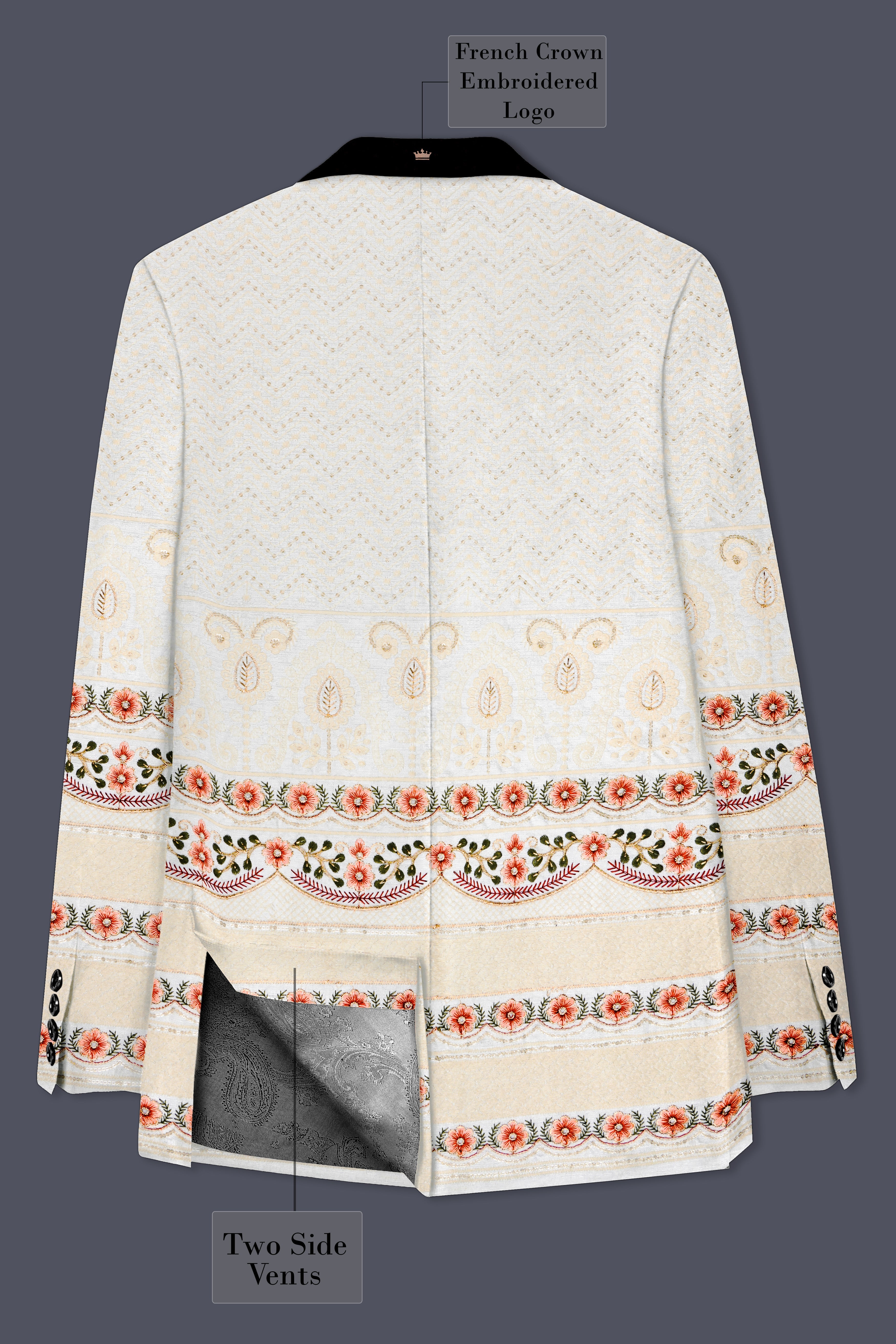 Off White And ApricotPeach Multicolor Sequin and thread Embroidered Tuxedo Blazer