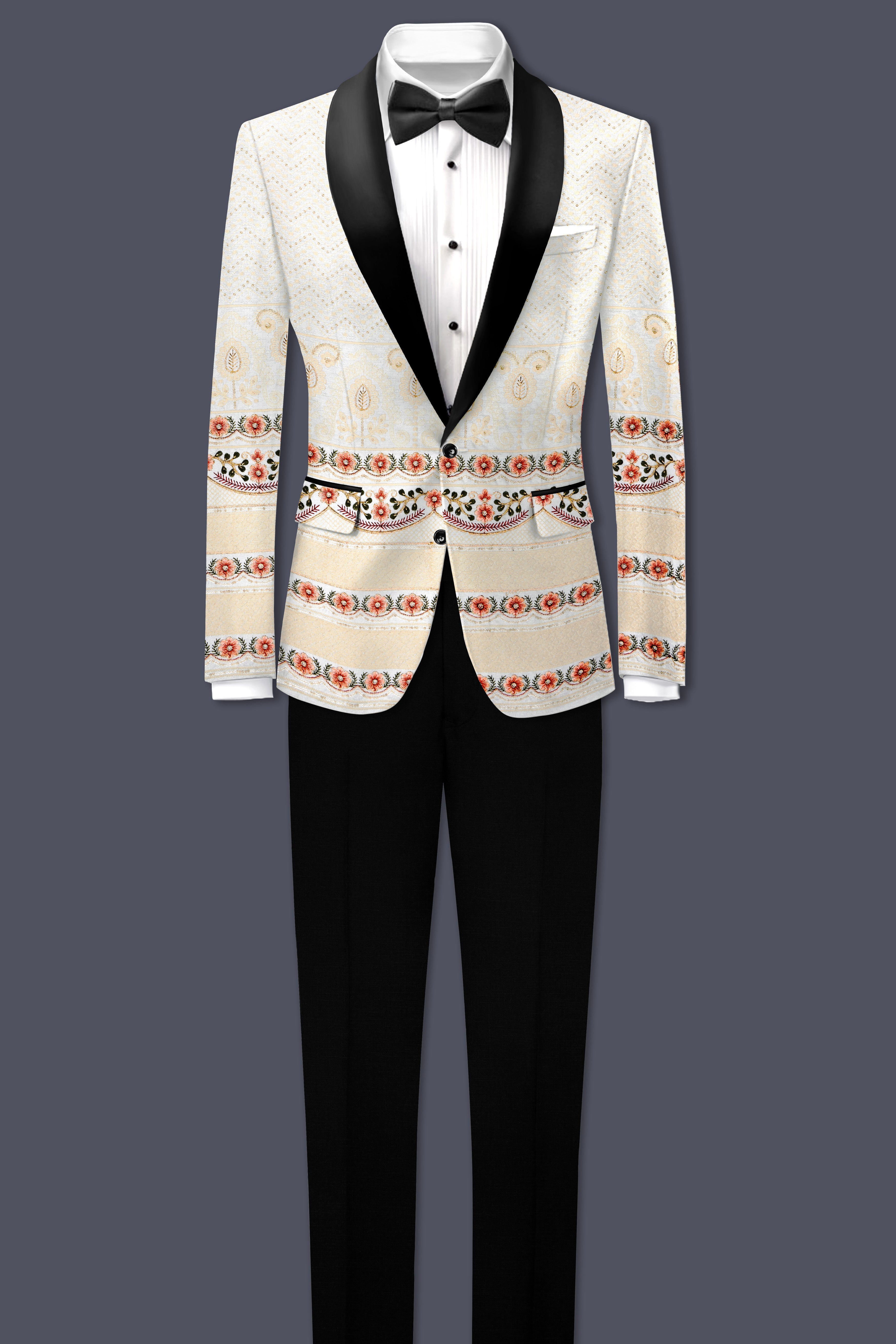 Off White And ApricotPeach Multicolor Sequin and thread Embroidered Tuxedo Blazer