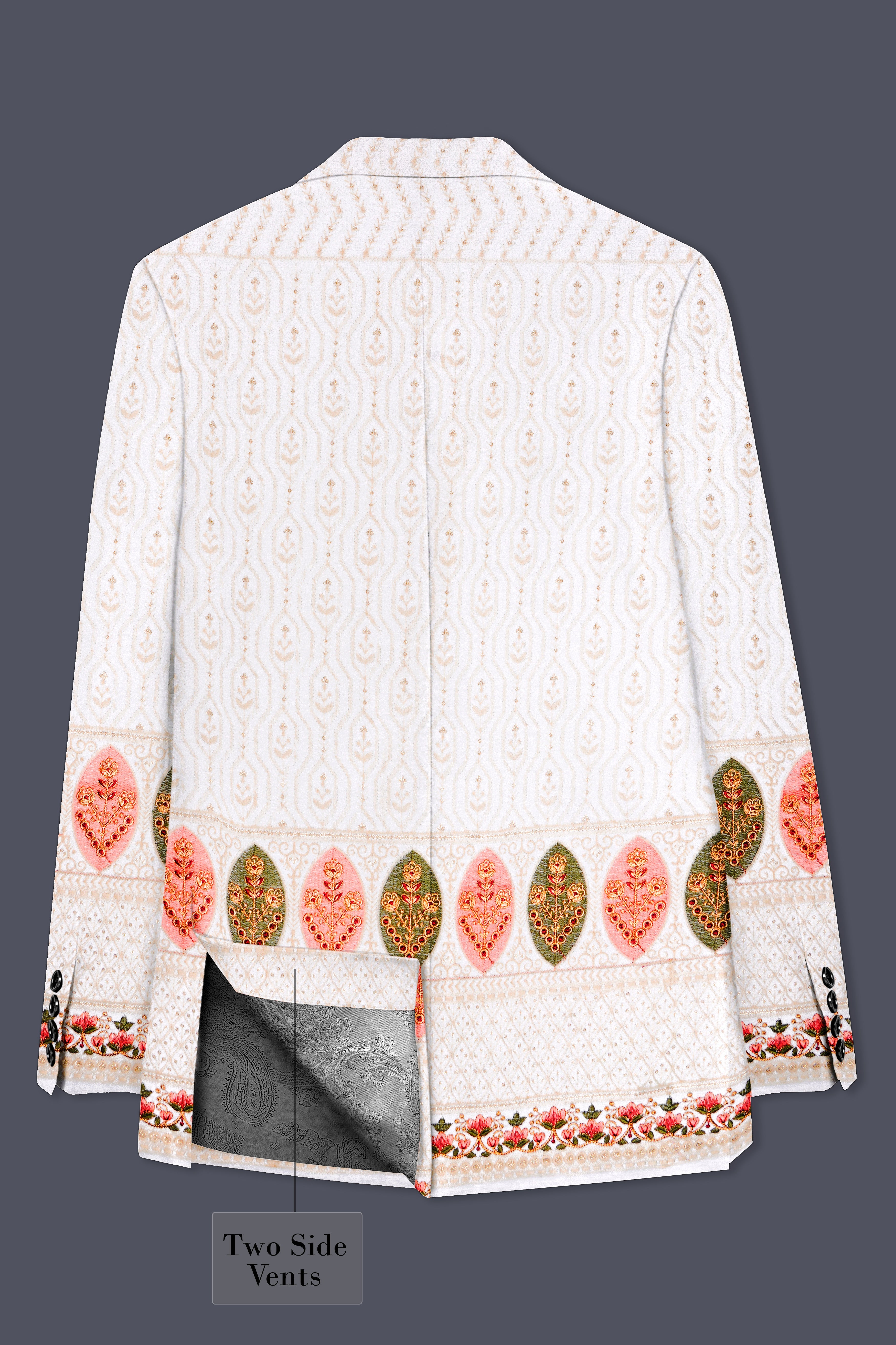 Bright White And Blush Peach Multicolor Sequin and thread leaf Embroidered Single Breasted Blazer