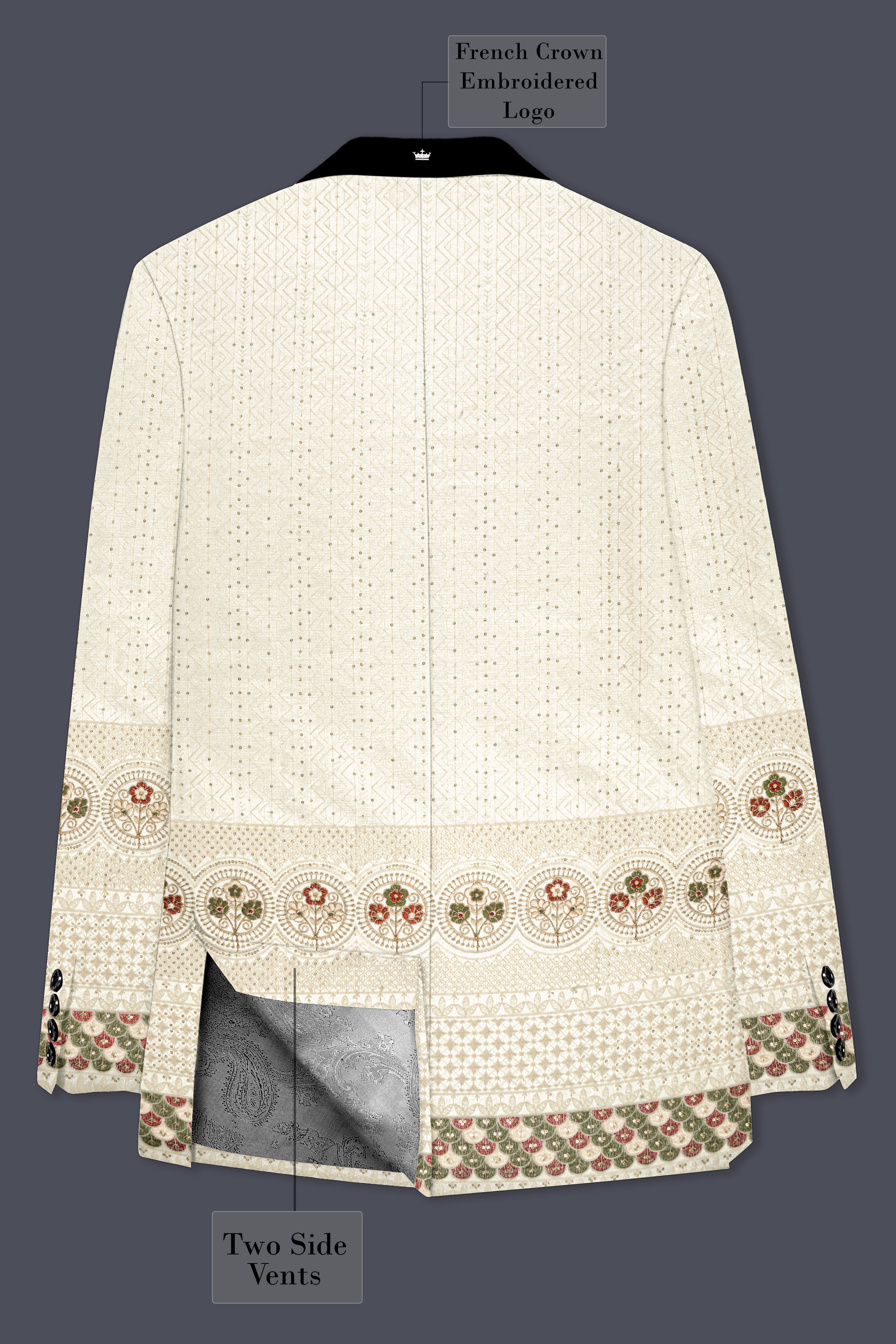 Off White And Blush Peach Multicolor Sequin and thread Embroidered Tuxedo Blazer