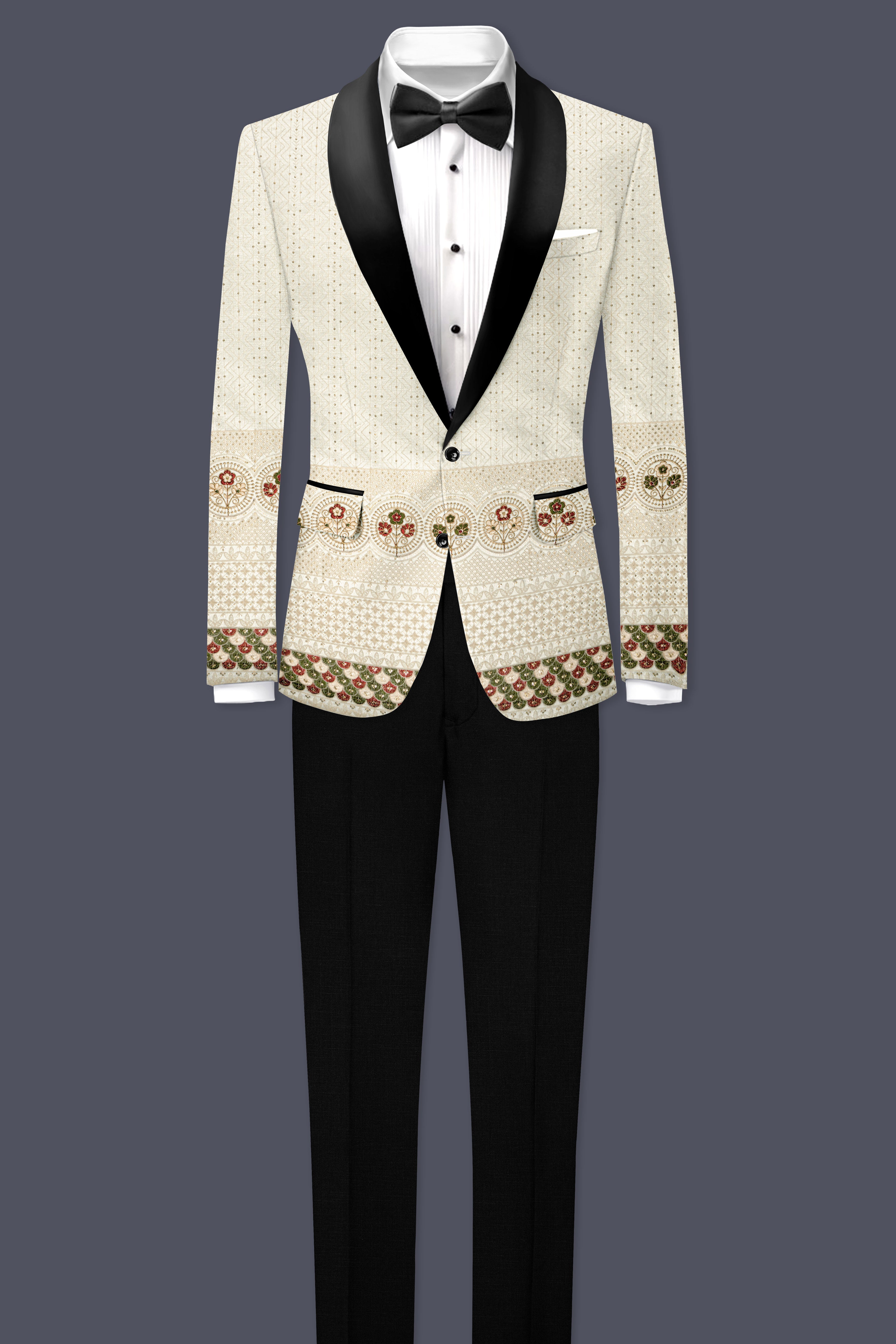Off White And Blush Peach Multicolor Sequin and thread Embroidered Tuxedo Blazer