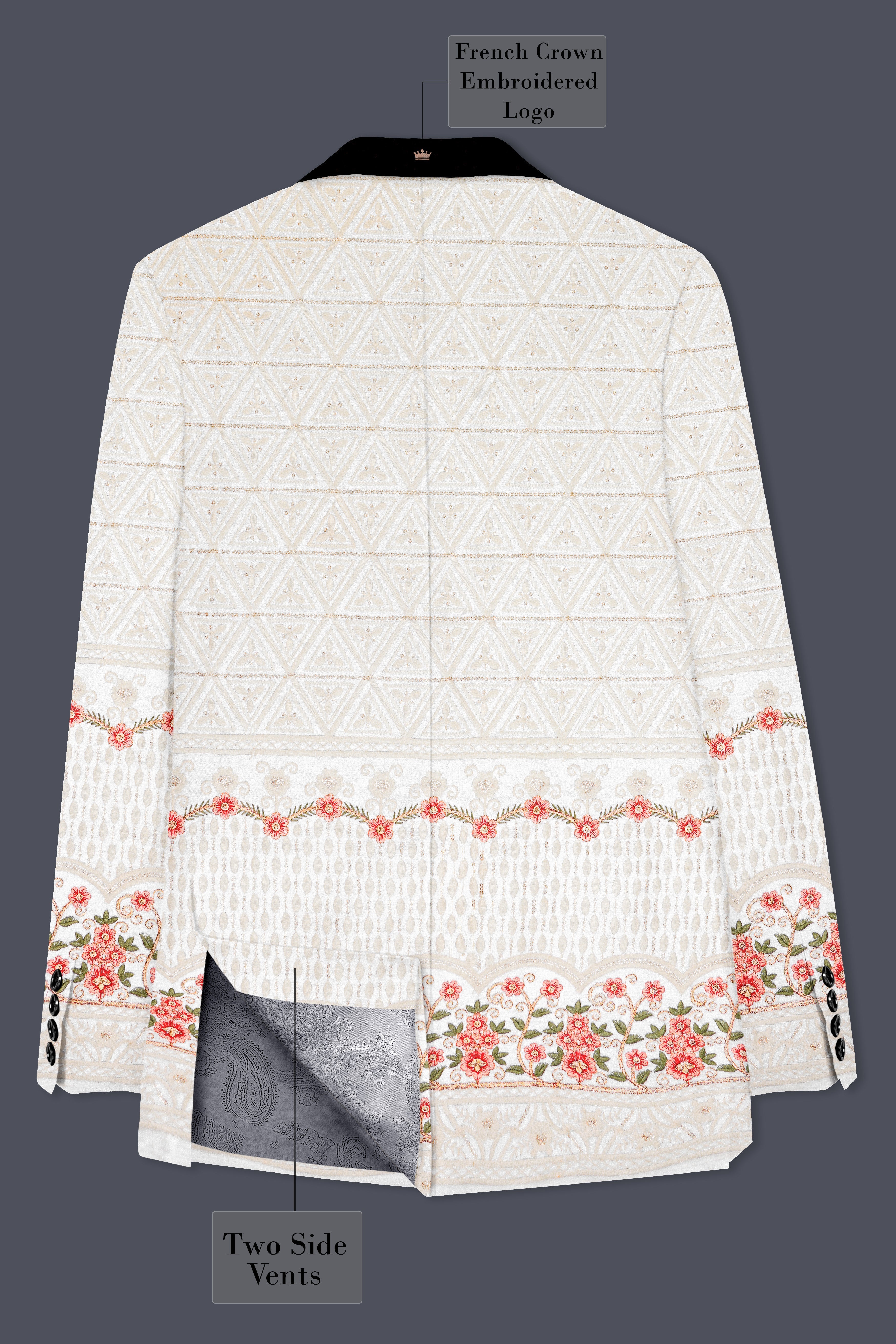 Bright White And Apricot Peach Multicolor Sequin and thread Embroidered Tuxedo Blazer