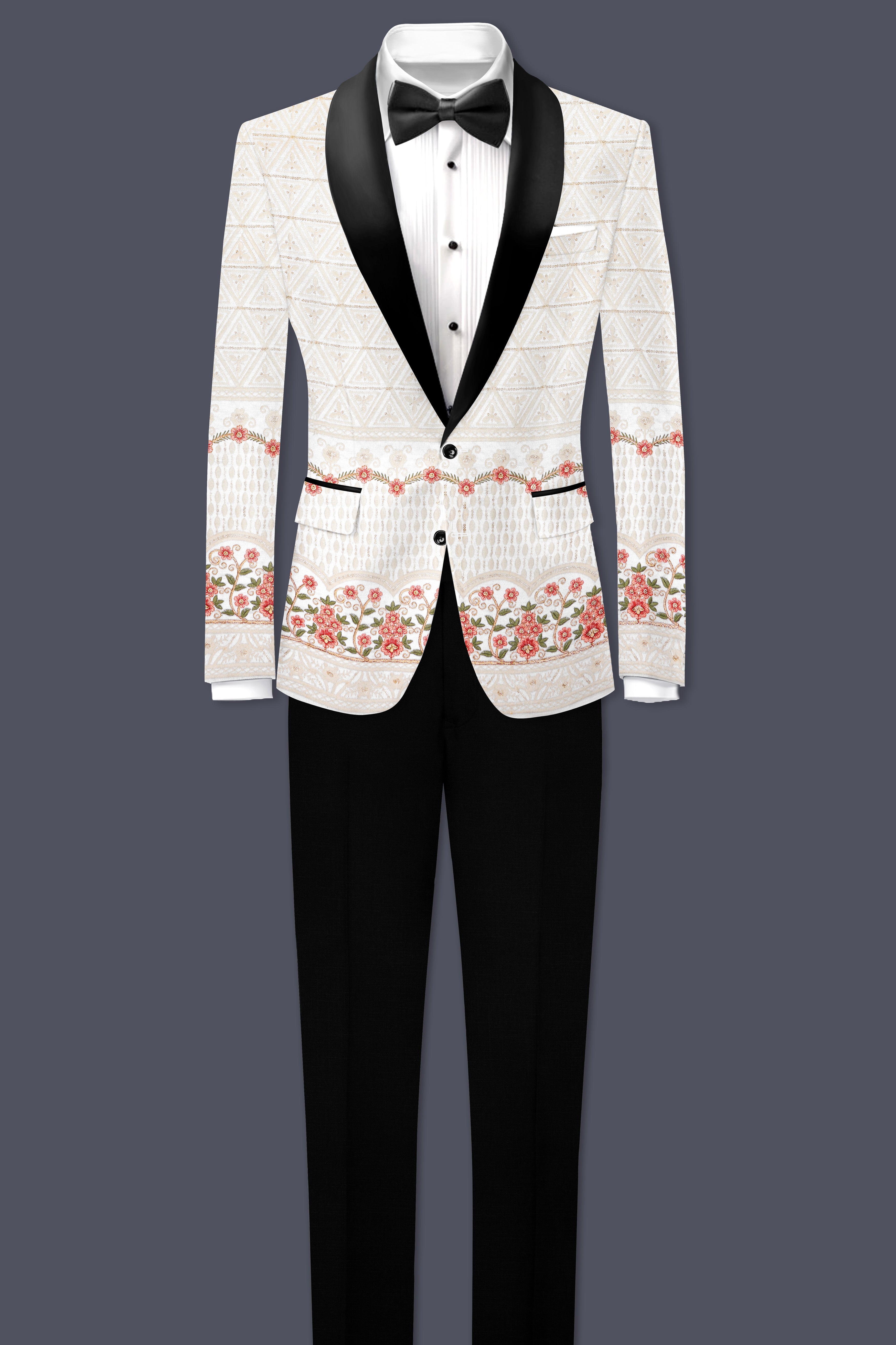 Bright White And Apricot Peach Multicolor Sequin and thread Embroidered Tuxedo Blazer