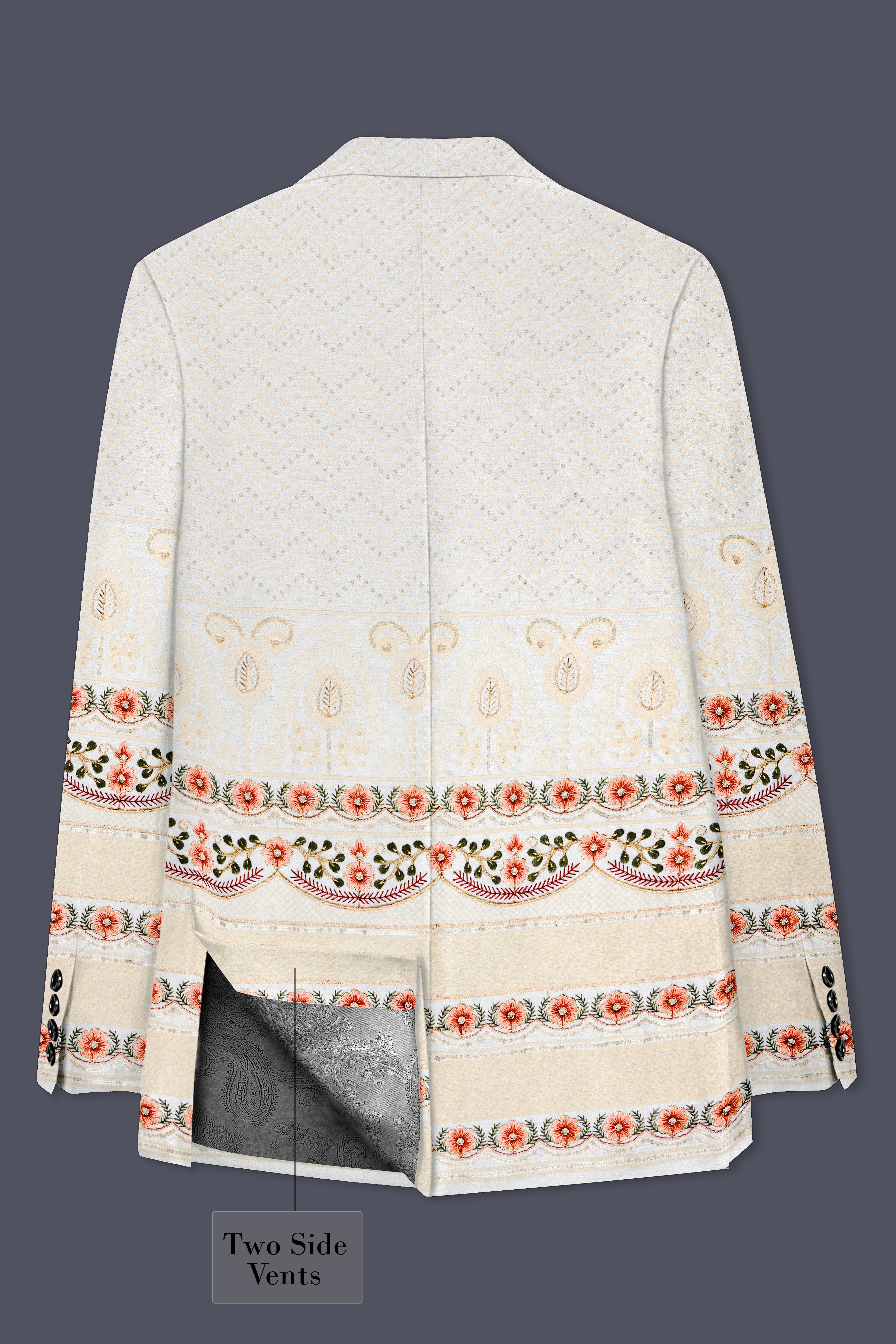 Off White And ApricotPeach Multicolor Sequin and thread Embroidered Single Breasted Blazer