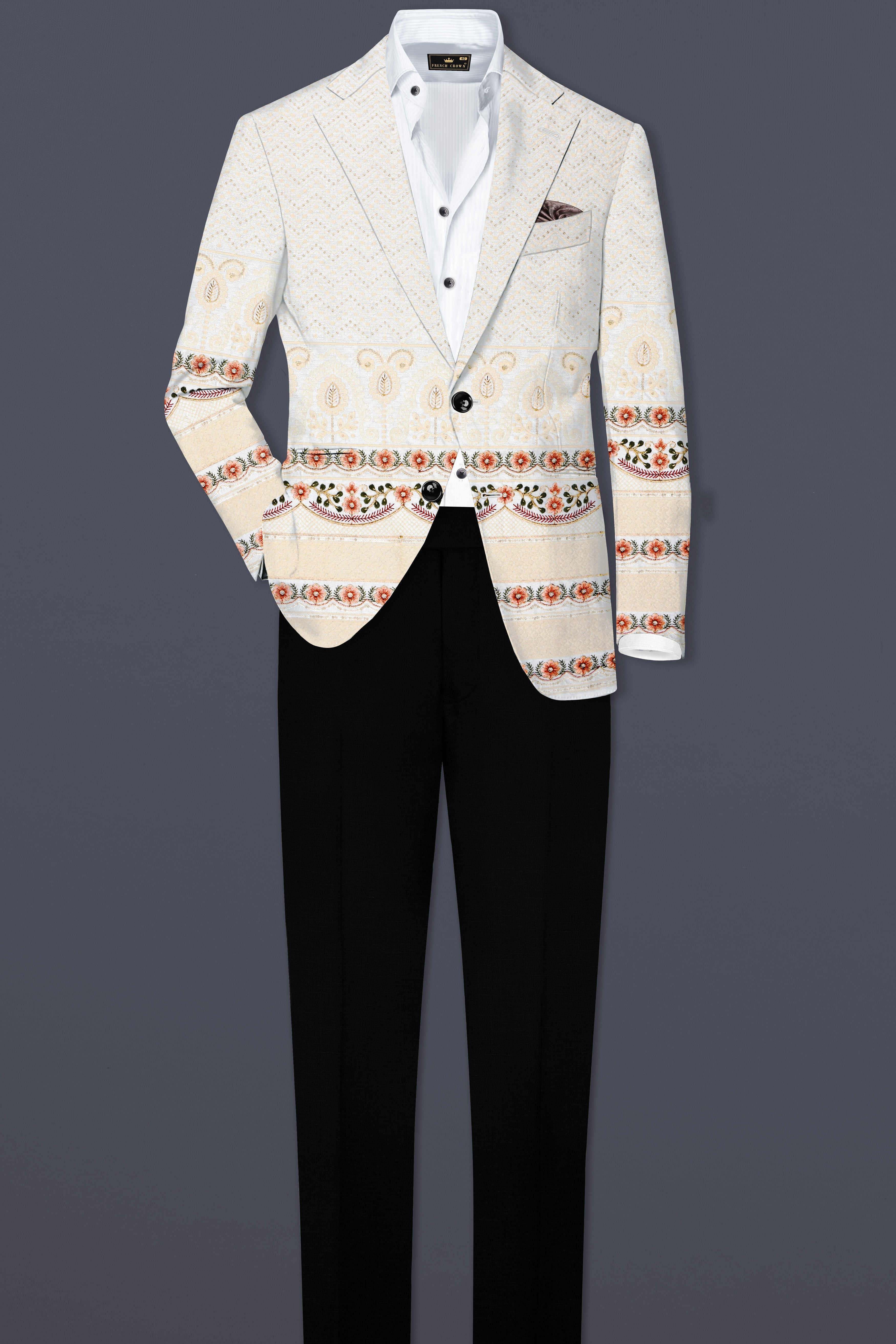 Off White And ApricotPeach Multicolor Sequin and thread Embroidered Single Breasted Blazer