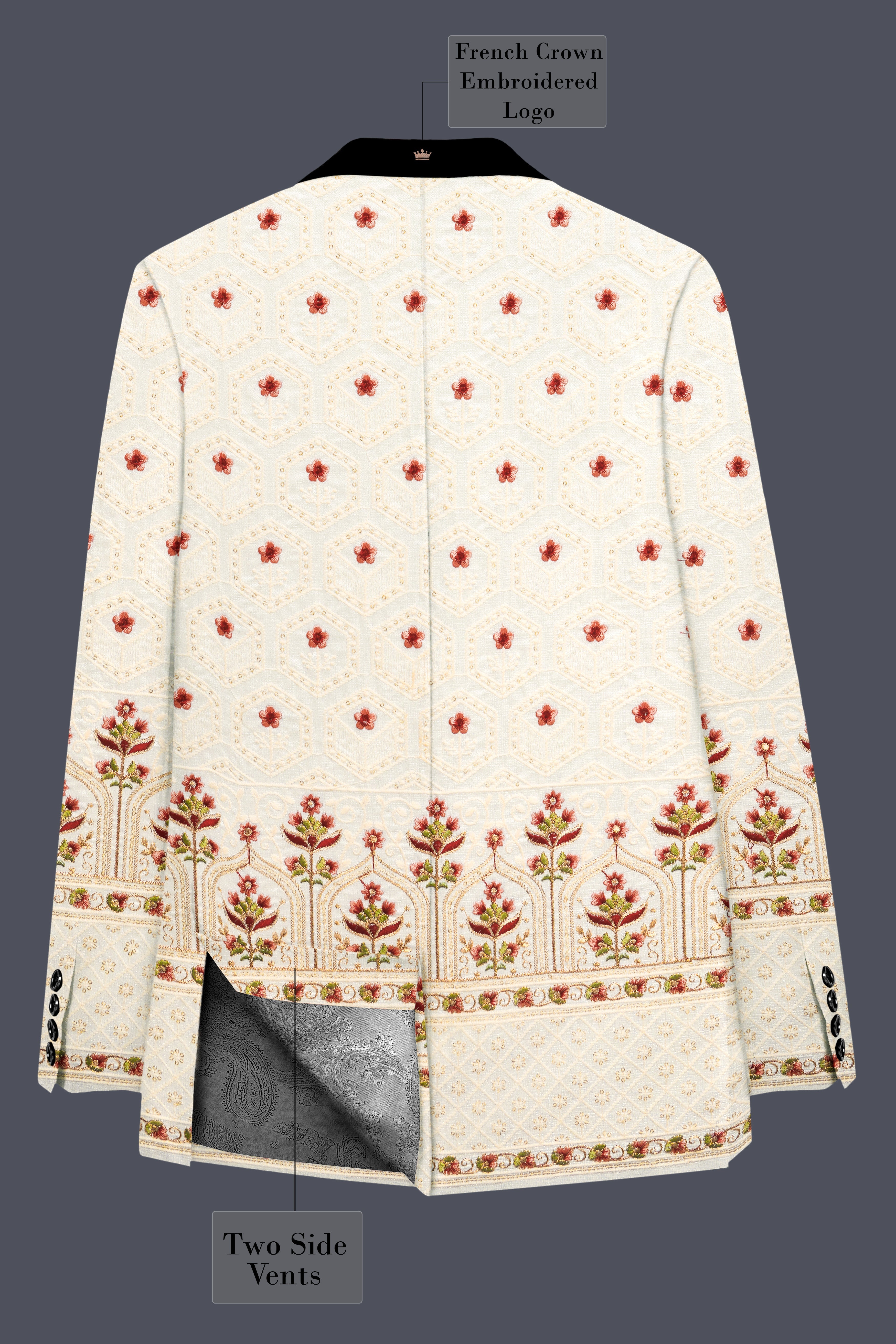 Off White And Saratoga Green Multicolor Sequin and thread Embroidered Tuxedo Blazer