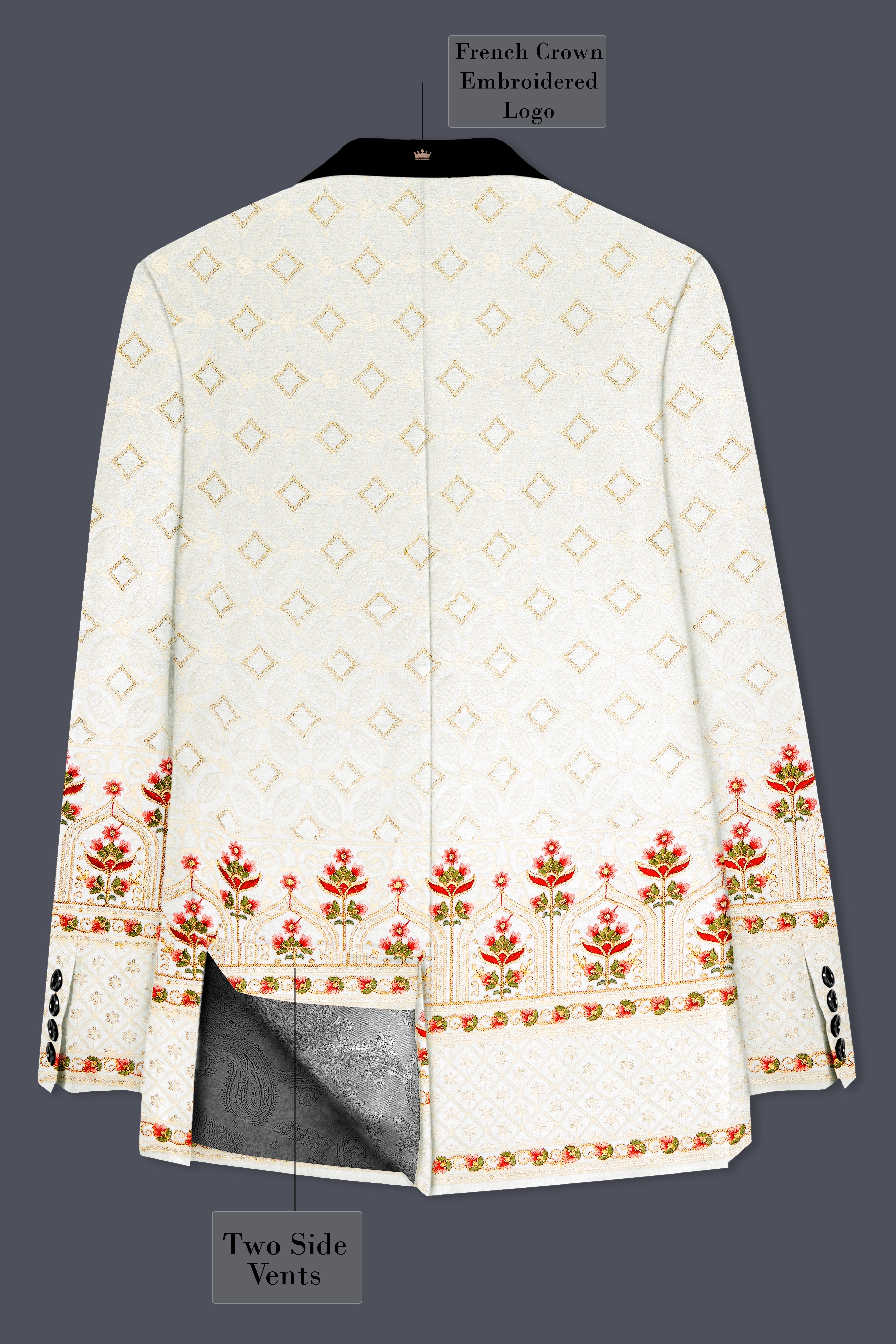 Off White And Sunset Pink Flower Multicolor Sequin and thread Embroidered Tuxedo Blazer