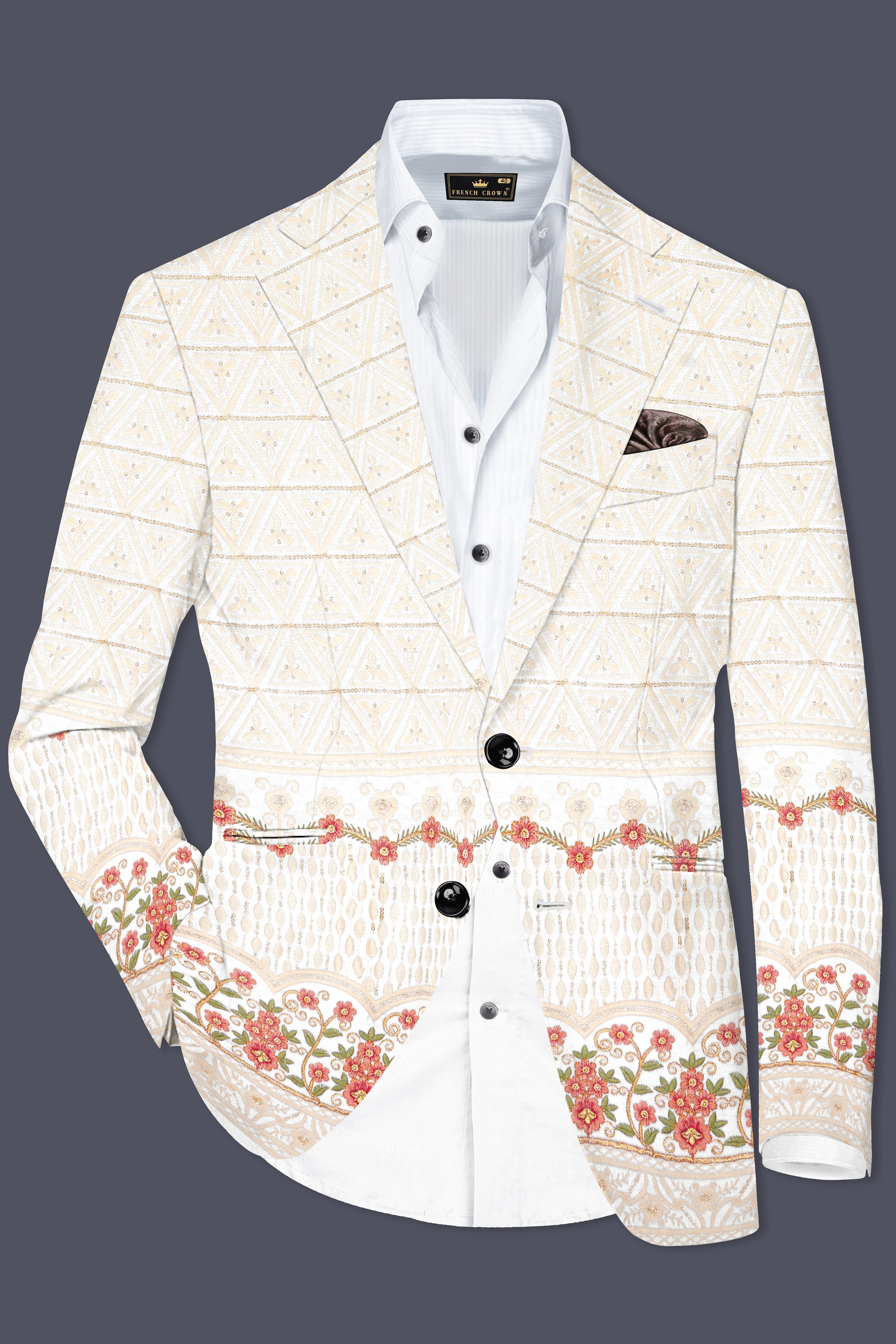 Fantasy Off White And Blush Pink Sequin and thread Embroidered Single Breasted Blazer