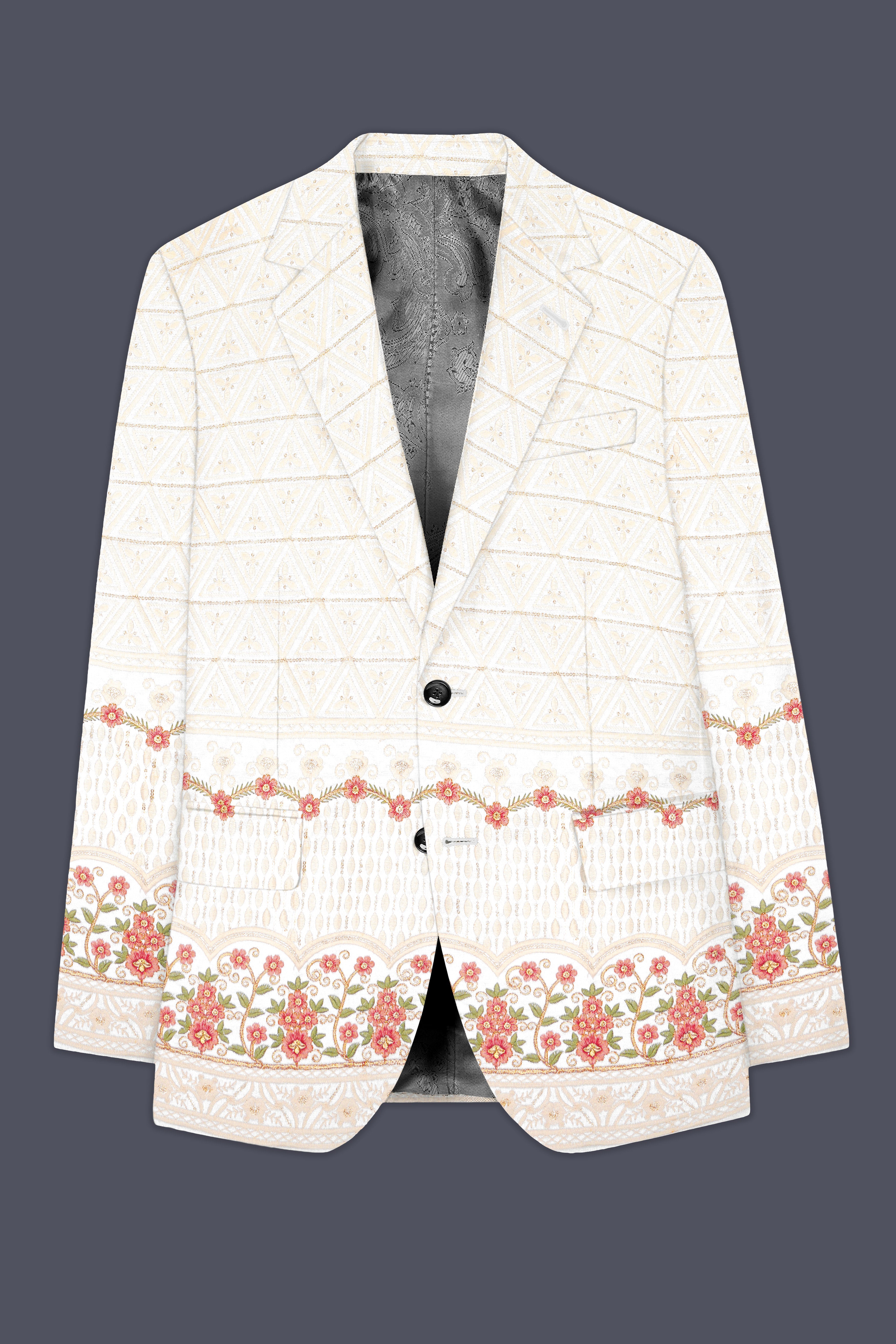 Fantasy Off White And Blush Pink Sequin and thread Embroidered Single Breasted Blazer