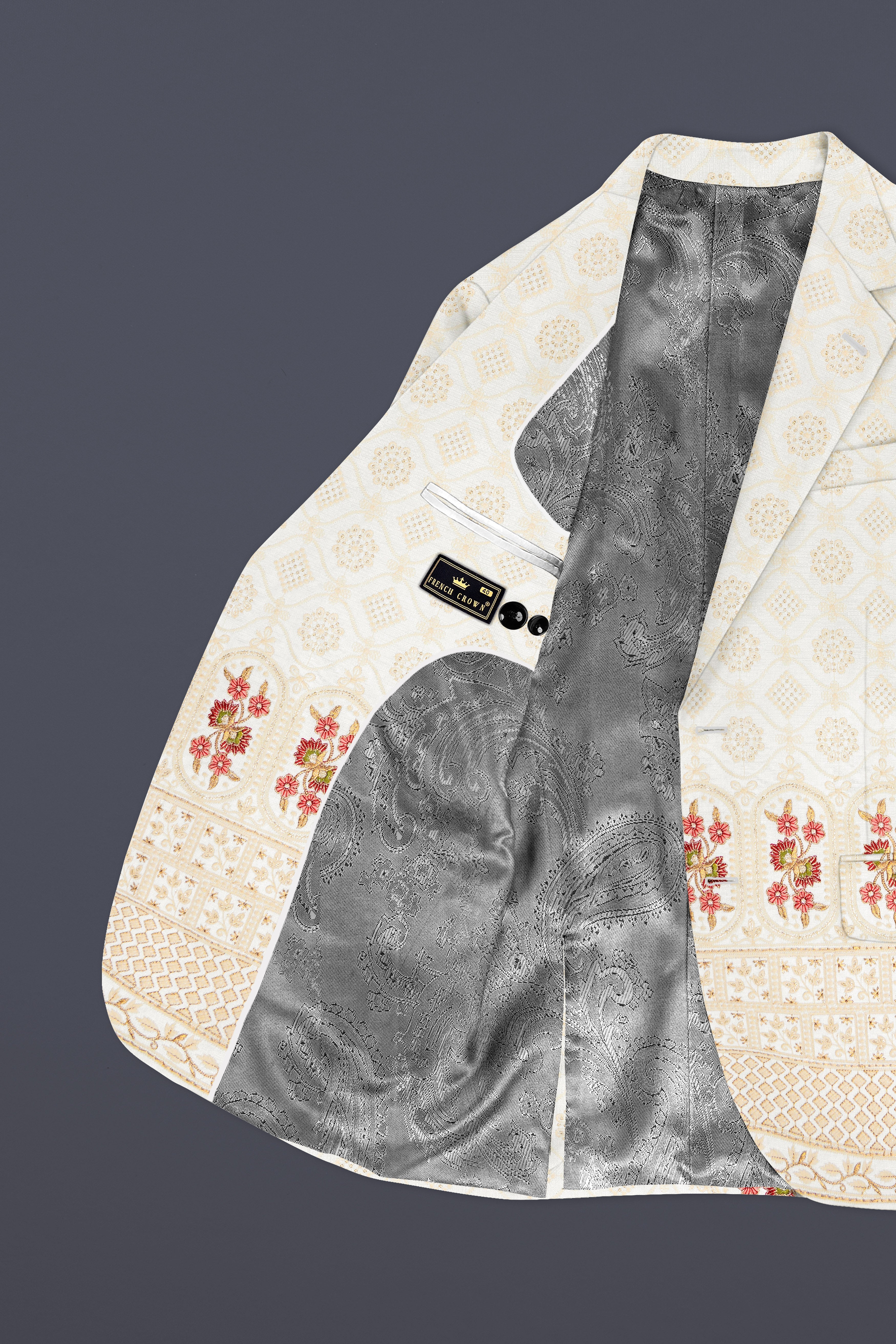 Ecru Off White And Peachy Pink Sequin and thread Embroidered Single Breasted Blazer