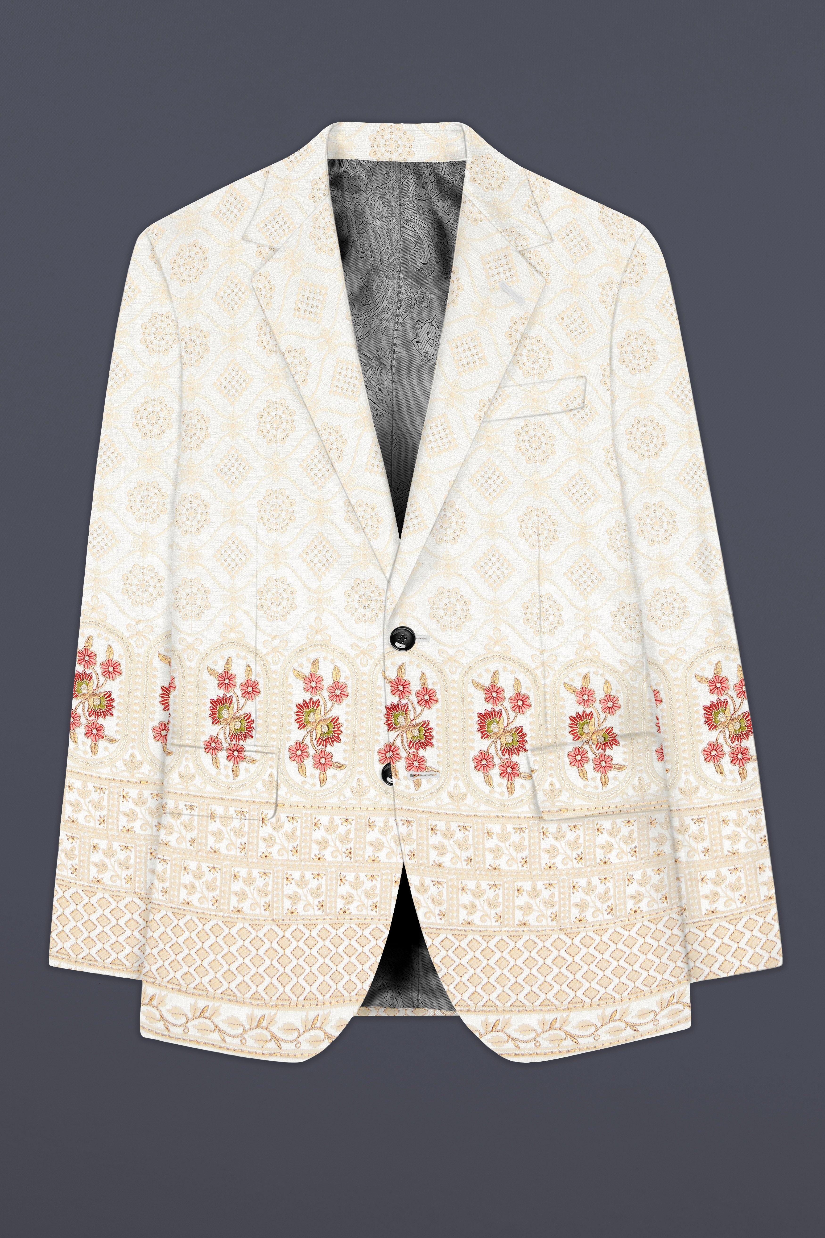 Ecru Off White And Peachy Pink Sequin and thread Embroidered Single Breasted Blazer