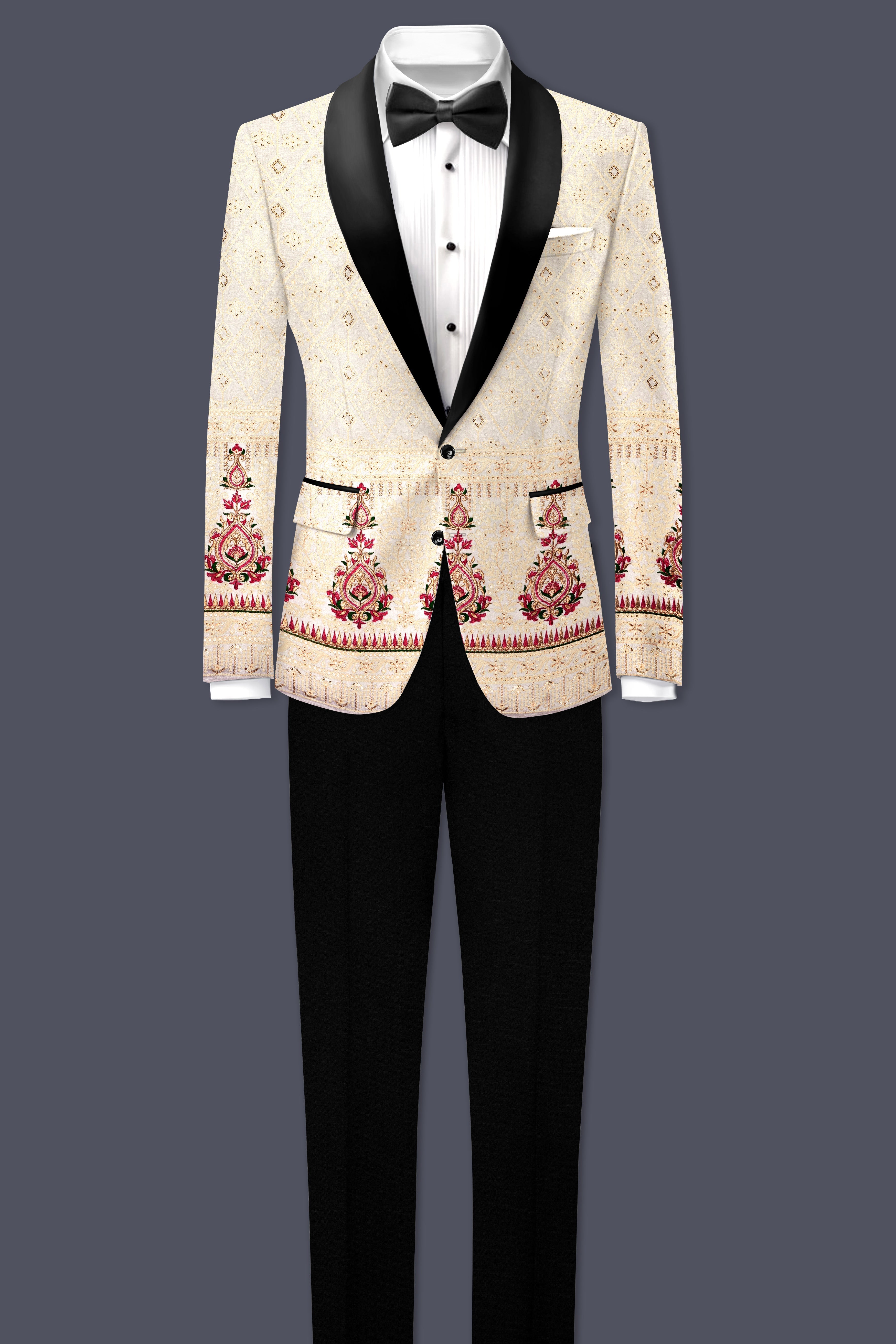 Marino Cream And Crimson Red Sequin and thread Embroidered Tuxedo Blazer