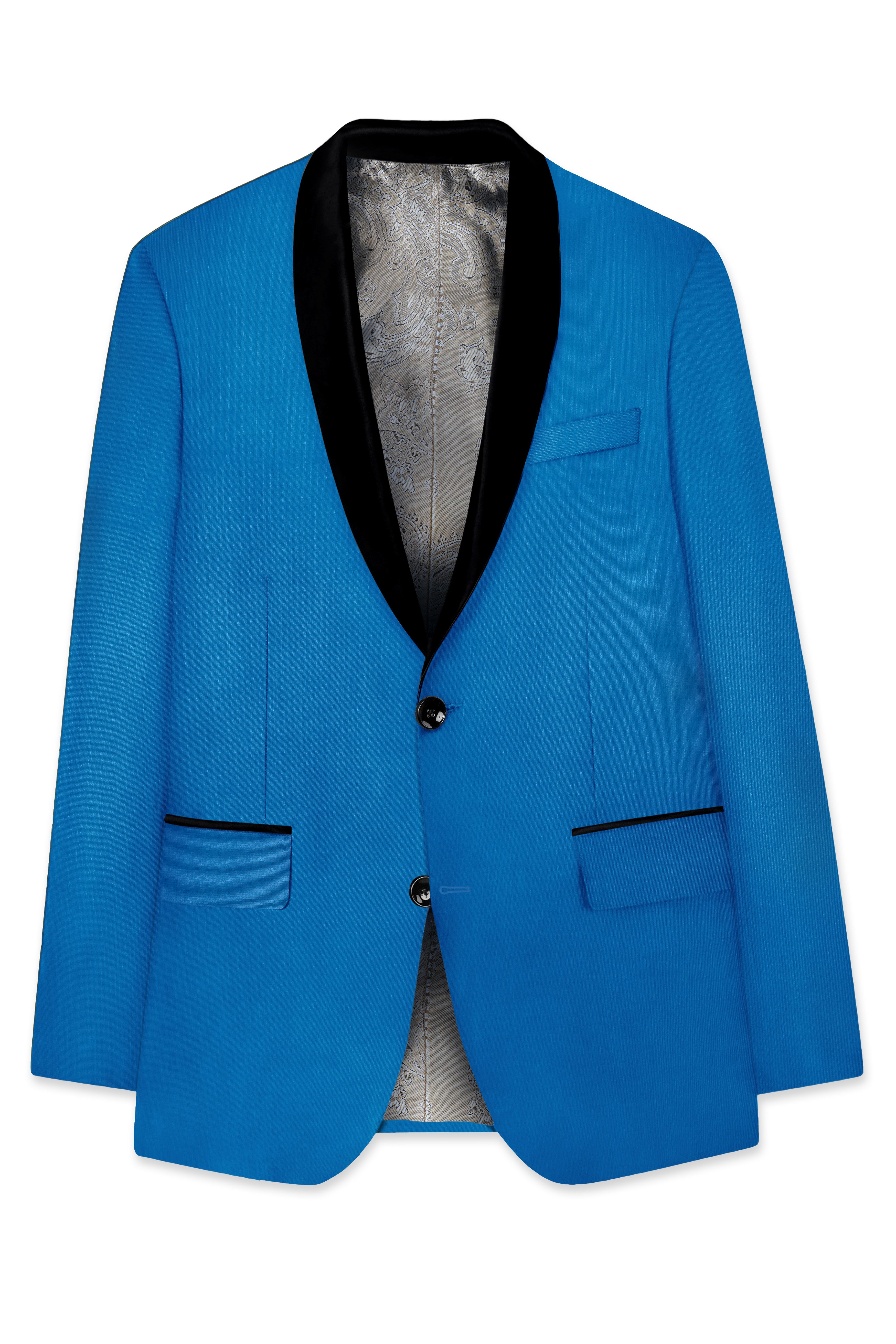 Azure-Venice Blue Wool Rich Tuxedo Slight Stretch Blazer