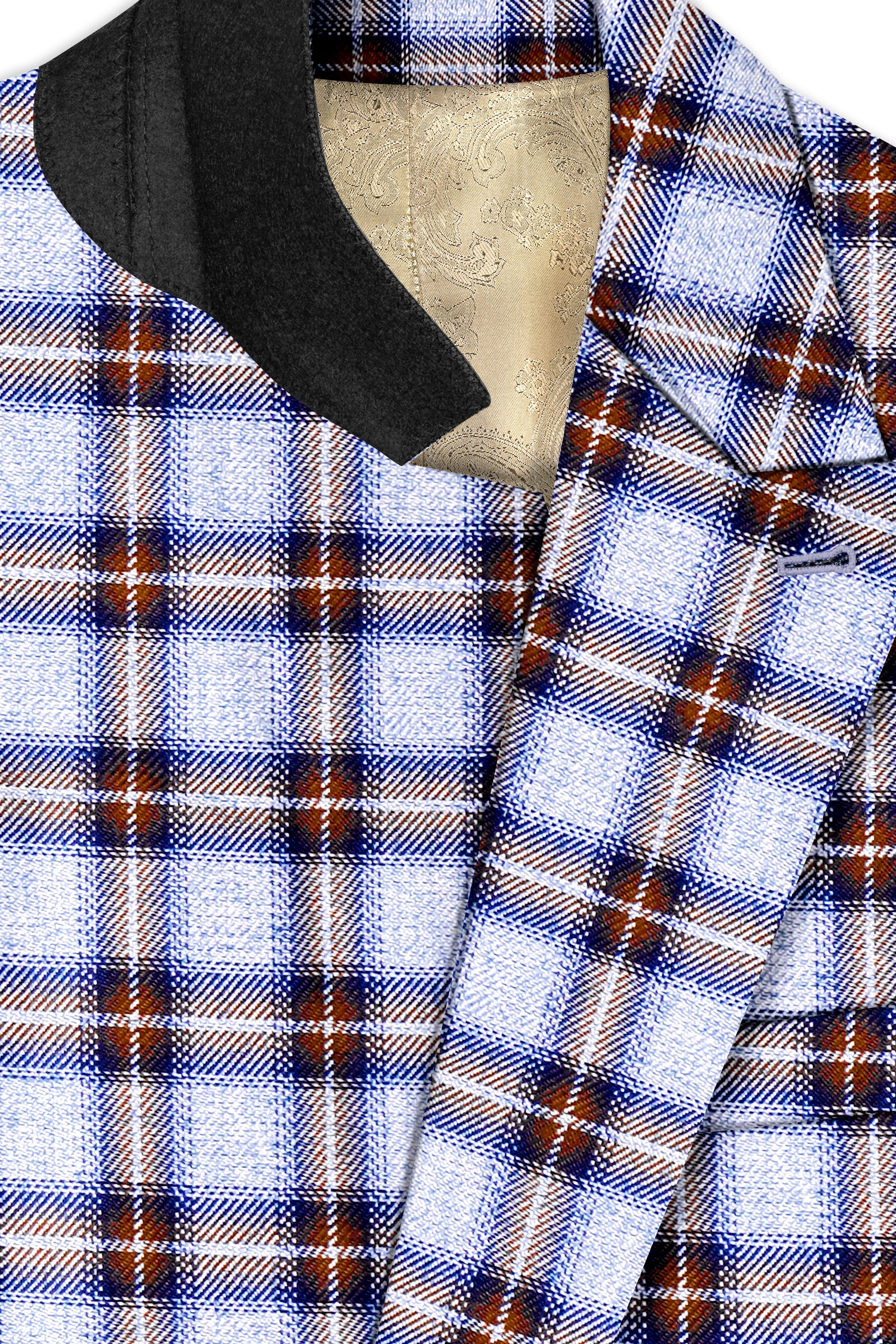Castaire-Chateau Blue with Cocoa Brown Plaid Wool Rich Double Breasted Blazer